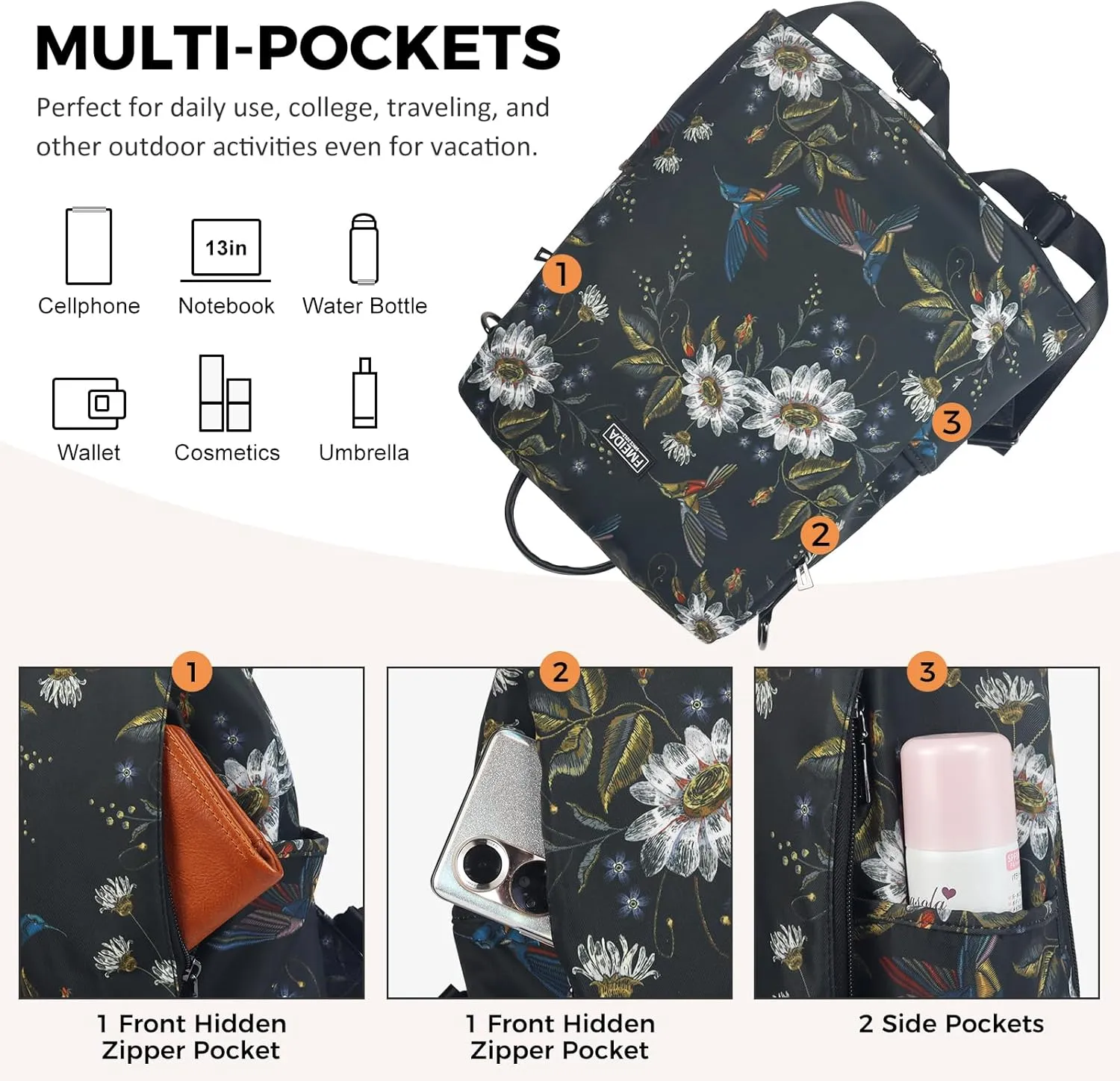 Fmeida Backpack Purse for Women Travel Anti-Theft Backpack Nylon Waterproof Daypack Fashion College Bookbag Cute Hummingbird