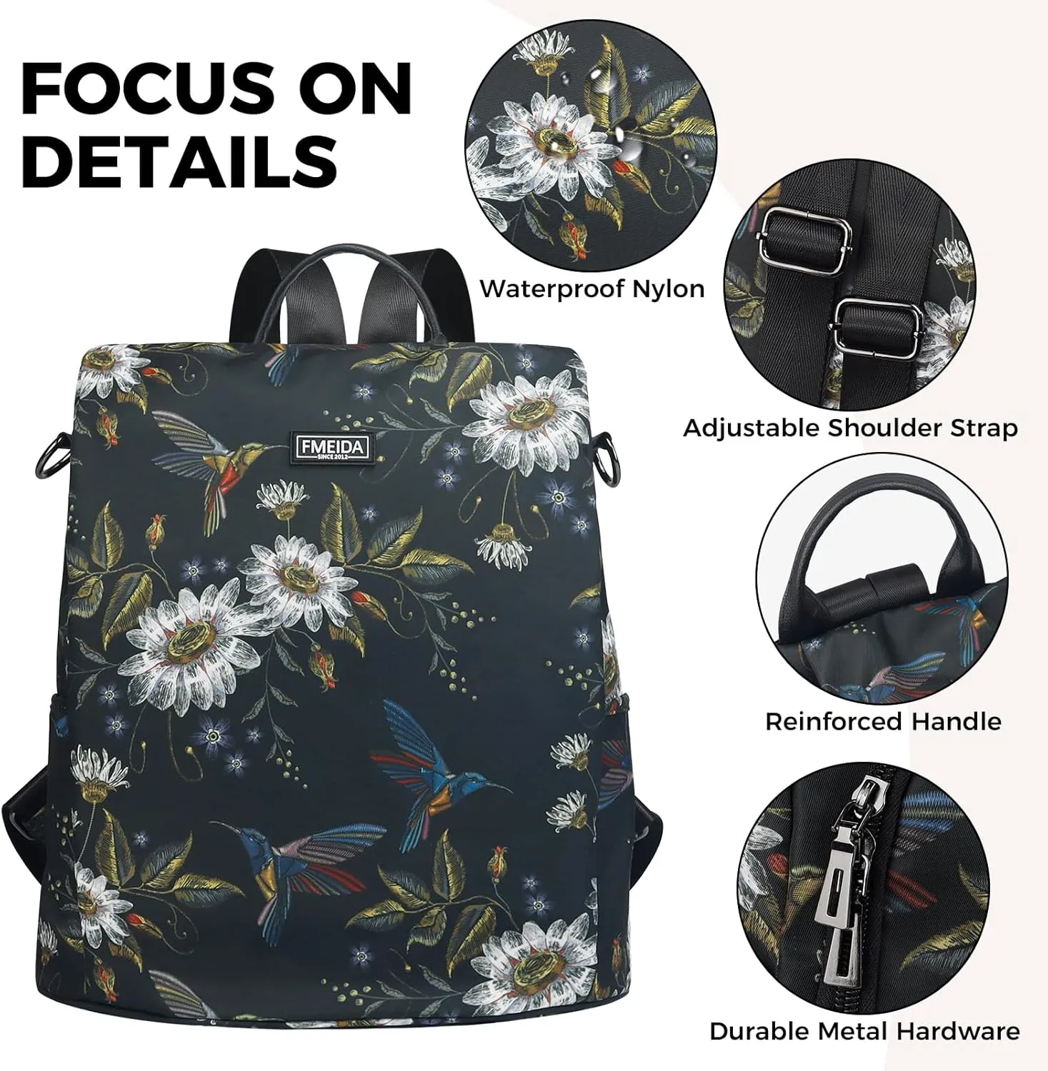 Fmeida Backpack Purse for Women Travel Anti-Theft Backpack Nylon Waterproof Daypack Fashion College Bookbag Cute Hummingbird