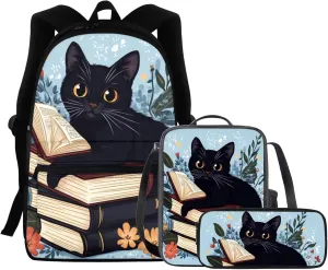 FOR U DESIGNS Cat Backpack for Girls 15 Inch Lightweight Kindergarten Bookbag Set with Lunch Box 3 in 1 Book Bags for Kids Kawaii School Bag Grade 1 School Supplies