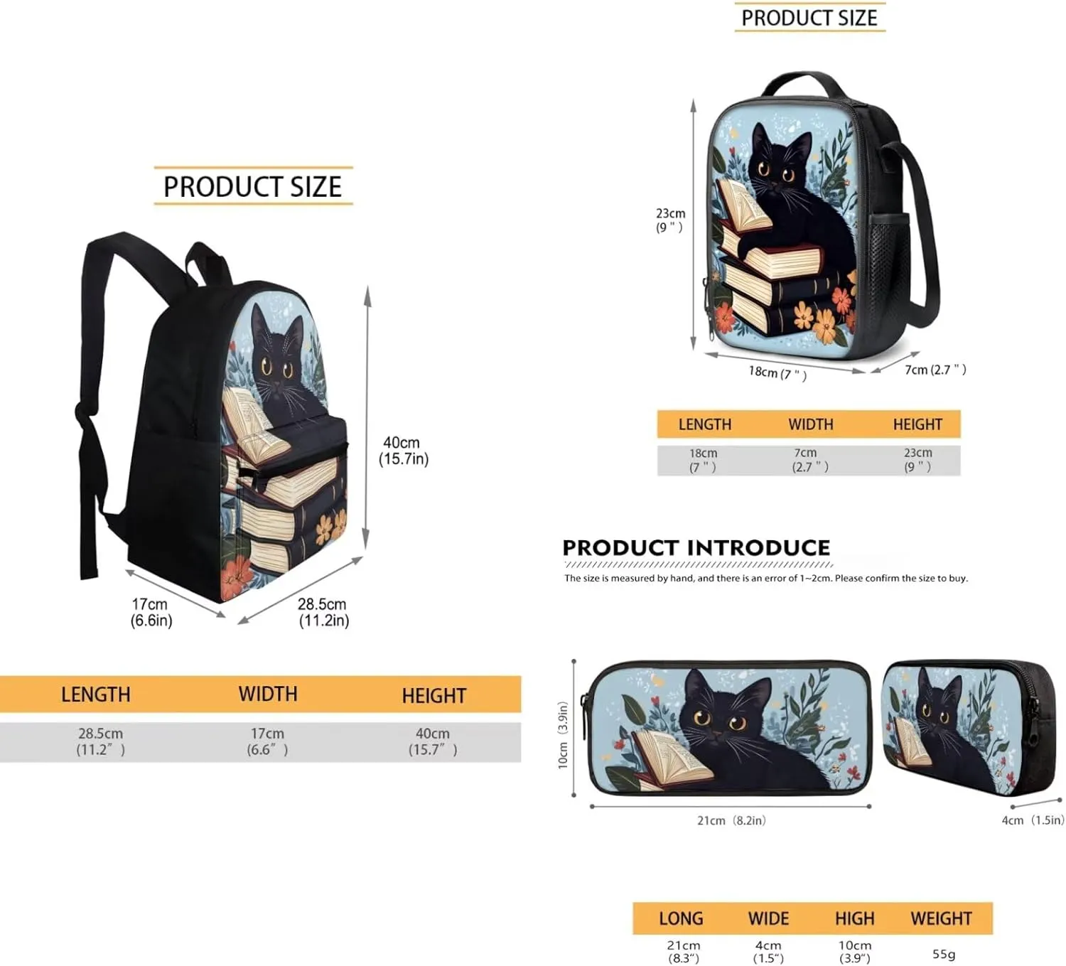 FOR U DESIGNS Cat Backpack for Girls 15 Inch Lightweight Kindergarten Bookbag Set with Lunch Box 3 in 1 Book Bags for Kids Kawaii School Bag Grade 1 School Supplies