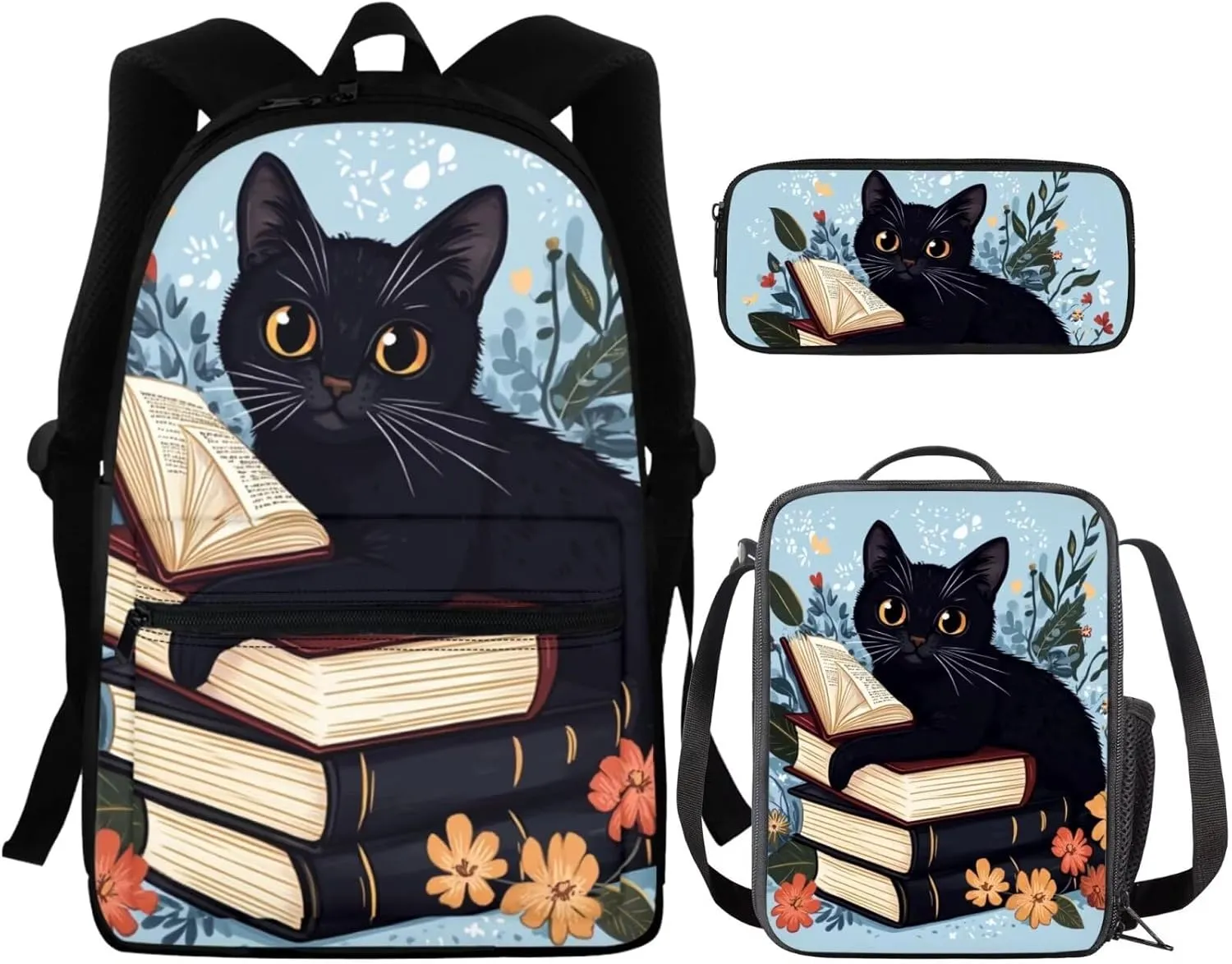 FOR U DESIGNS Cat Backpack for Girls 15 Inch Lightweight Kindergarten Bookbag Set with Lunch Box 3 in 1 Book Bags for Kids Kawaii School Bag Grade 1 School Supplies