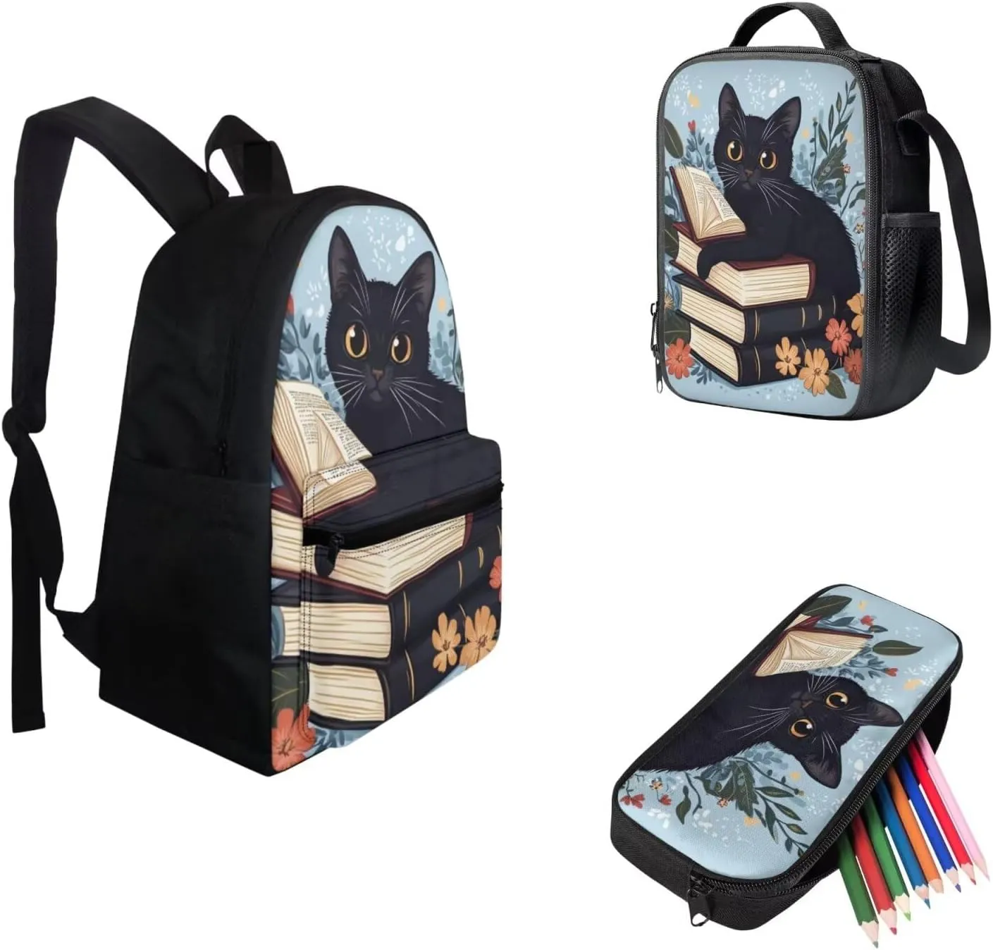 FOR U DESIGNS Cat Backpack for Girls 15 Inch Lightweight Kindergarten Bookbag Set with Lunch Box 3 in 1 Book Bags for Kids Kawaii School Bag Grade 1 School Supplies