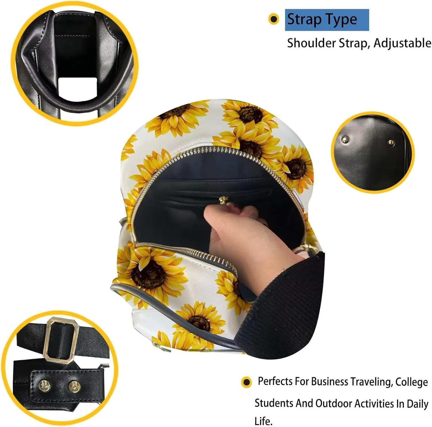 Forchrinse Hummingbird Sunflower Backpack Purse for Women Leather Backpack Travel Daypack with Matched Long Purse Handbag