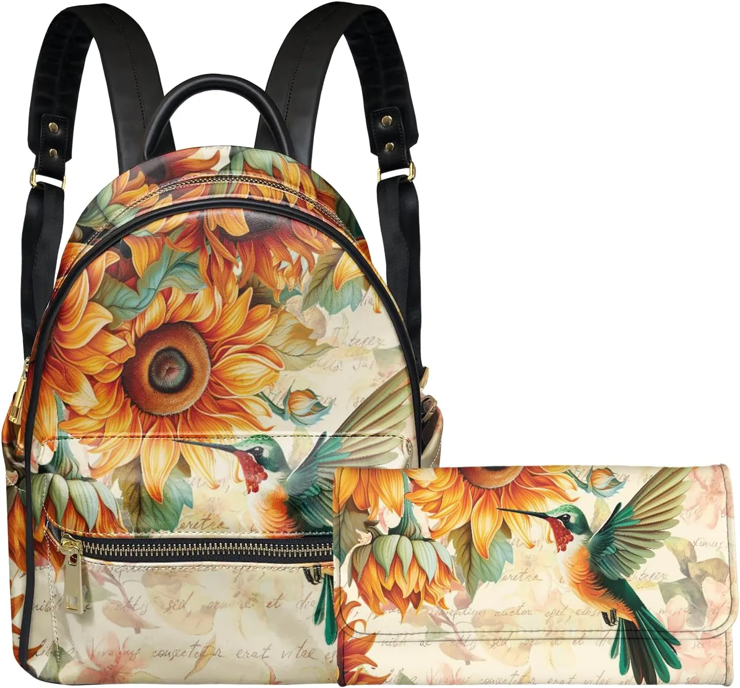 Forchrinse Hummingbird Sunflower Backpack Purse for Women Leather Backpack Travel Daypack with Matched Long Purse Handbag