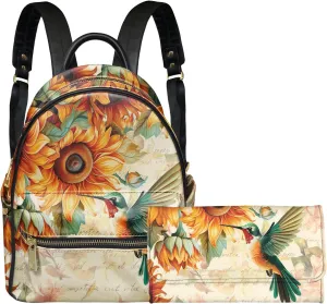 Forchrinse Hummingbird Sunflower Backpack Purse for Women Leather Backpack Travel Daypack with Matched Long Purse Handbag