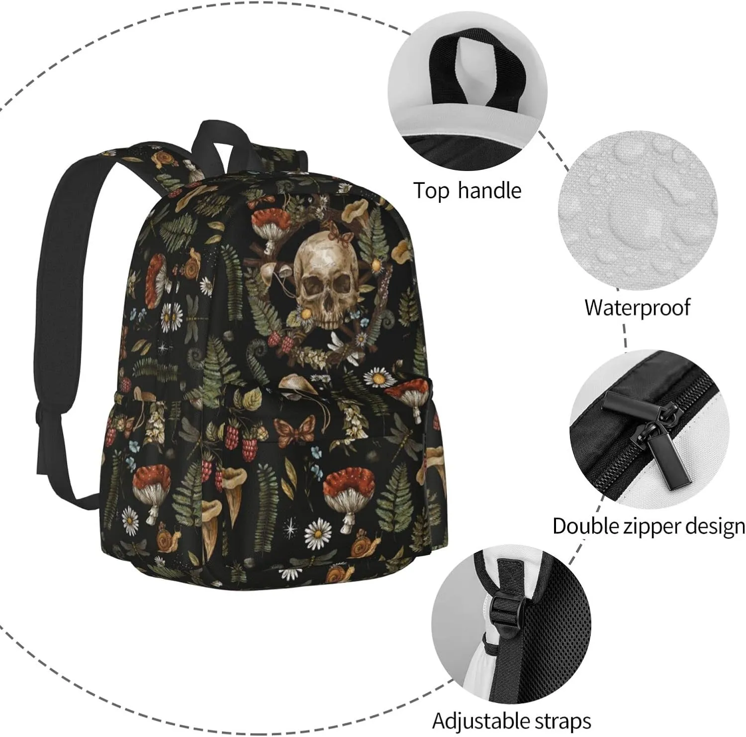 FREEHOTU Snails Mushrooms Backpack For Men Women With Adjustable Padded Shoulder Straps Daypack For College Travel