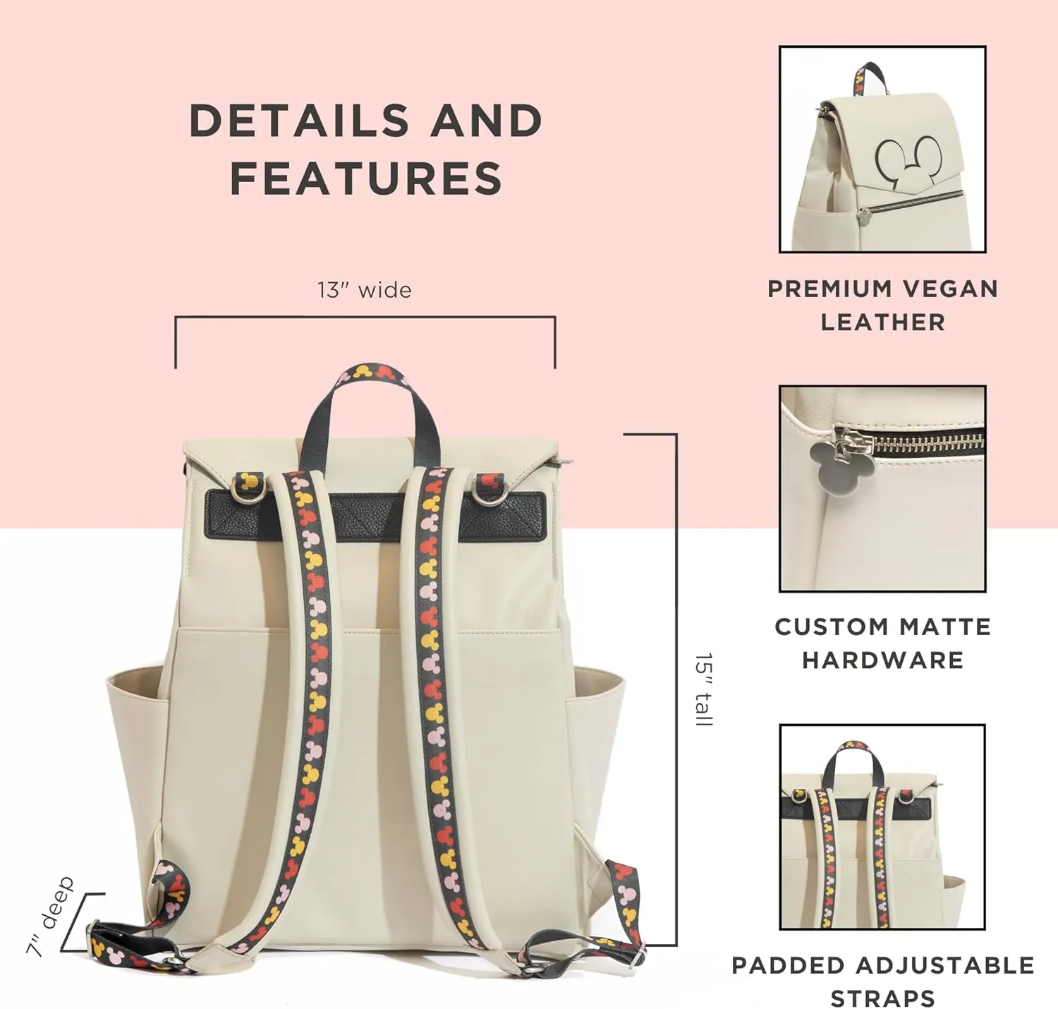 Freshly Picked Classic Diaper Bag Backpack, Wipeable Vegan Leather With Changing Pad, Convertible (Mickey Mania)