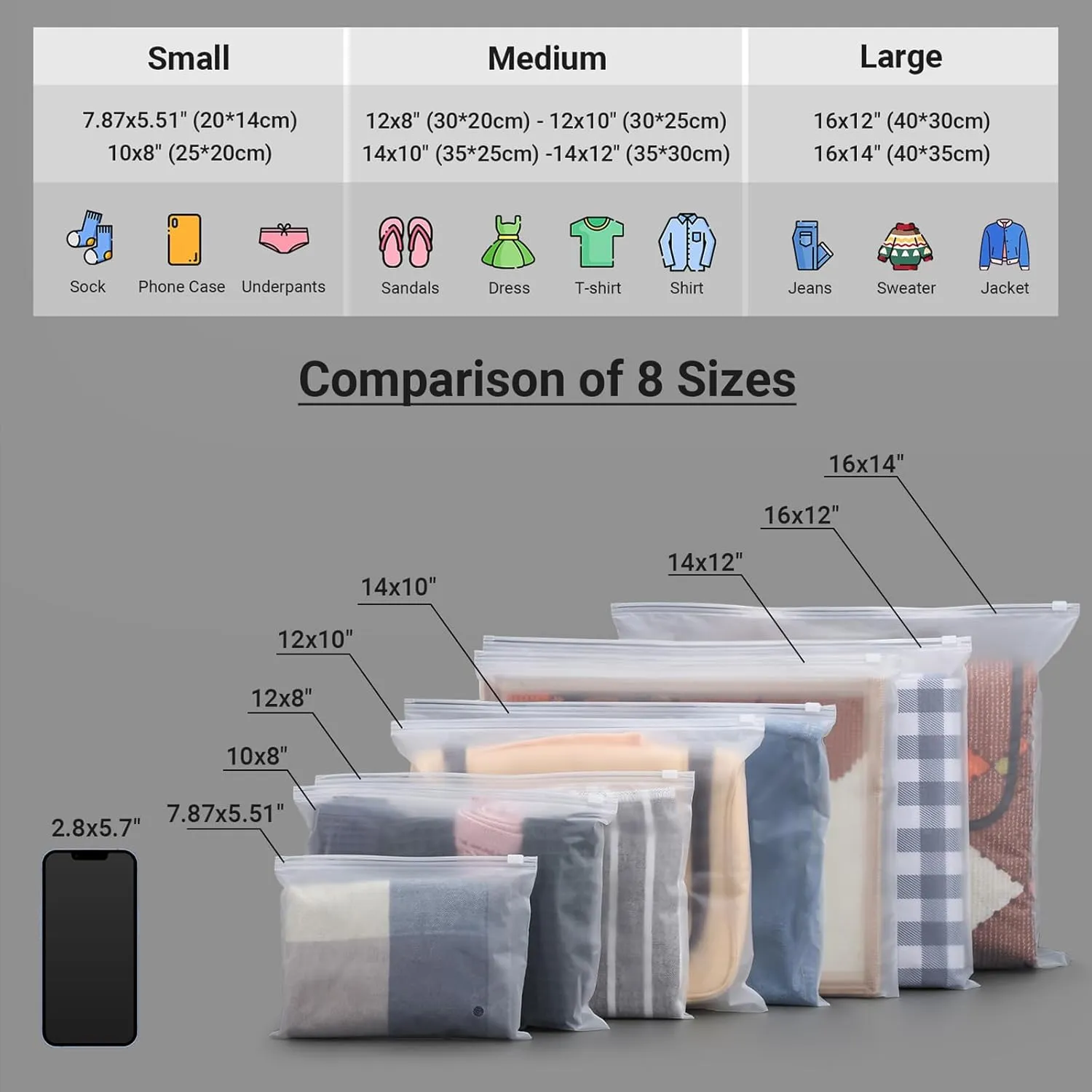 Frosted Clear Plastic Bags Resealable Poly Bags for Packaging, 50Pcs 12x8 inch with Slider Closure for T Shirt Storage, Bikini Swimsuit Bathing Suit Organizer, 3 Mil Thick with Vent Holes
