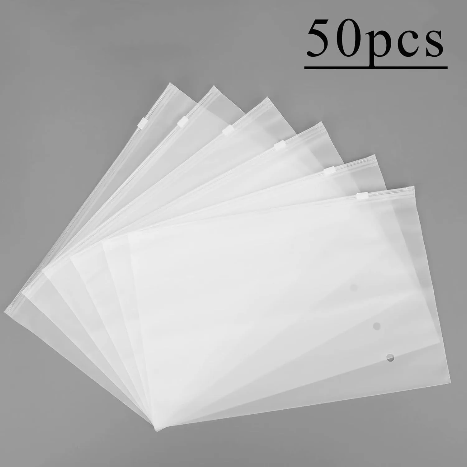Frosted Clear Plastic Bags Resealable Poly Bags for Packaging, 50Pcs 12x8 inch with Slider Closure for T Shirt Storage, Bikini Swimsuit Bathing Suit Organizer, 3 Mil Thick with Vent Holes