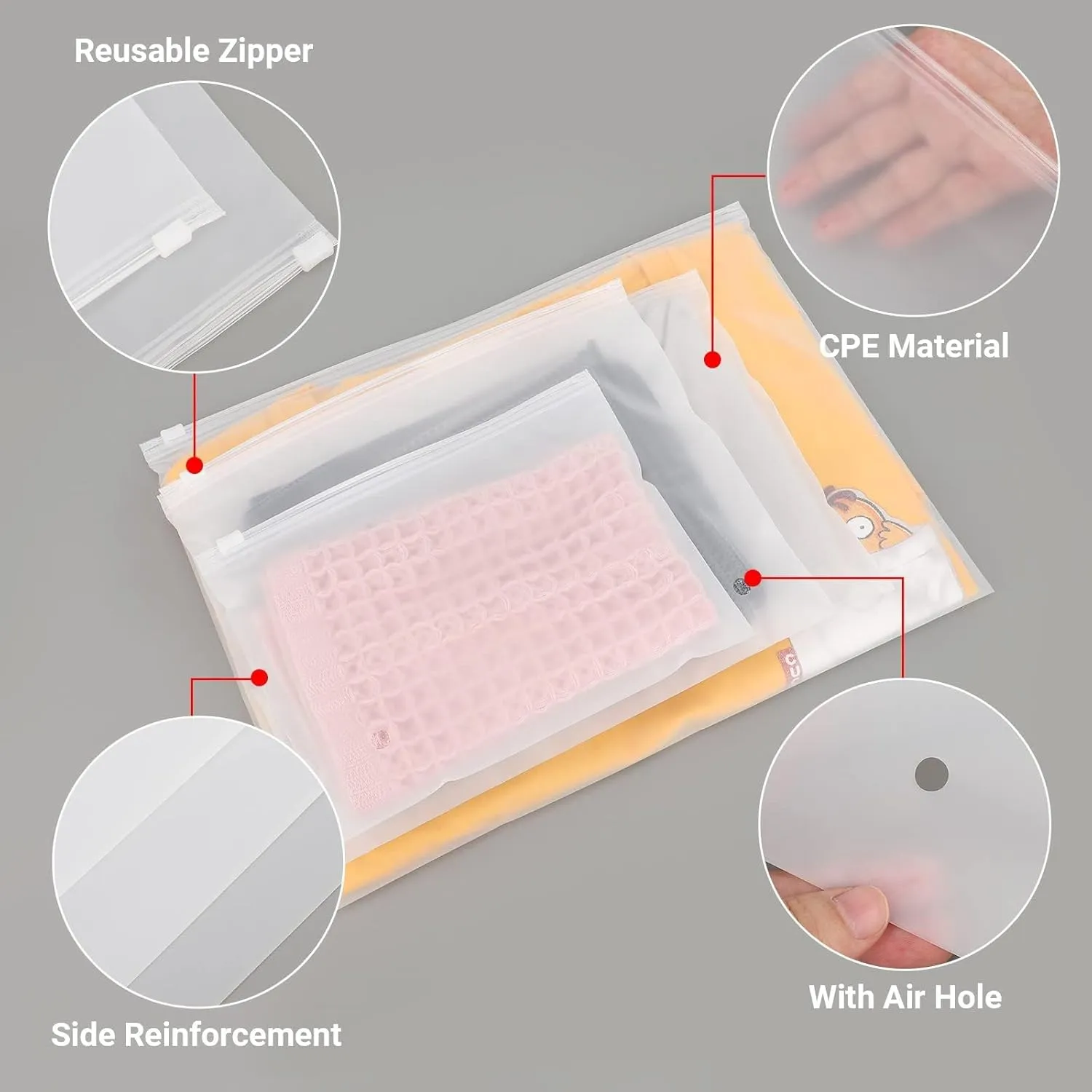 Frosted Clear Plastic Bags Resealable Poly Bags for Packaging, 50Pcs 12x8 inch with Slider Closure for T Shirt Storage, Bikini Swimsuit Bathing Suit Organizer, 3 Mil Thick with Vent Holes