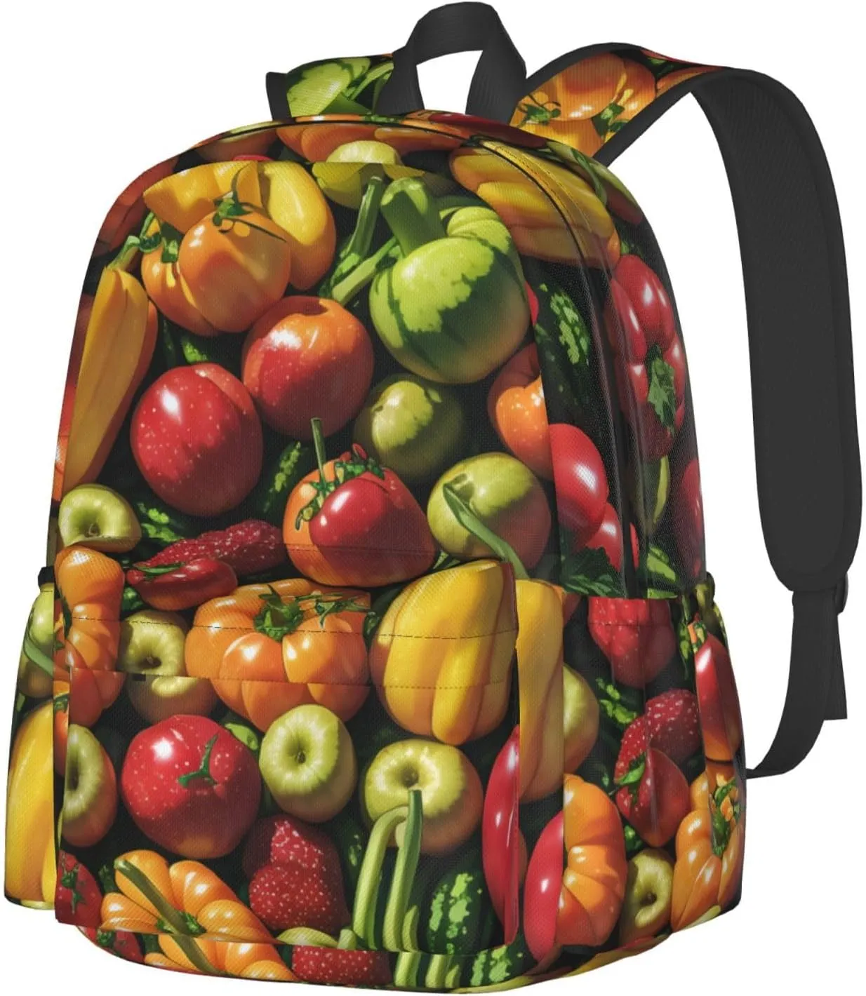 Fruit And Vegetables Backpack Print Shoulder Canvas Bag Travel Large Capacity Casual Daypack With Side Pockets