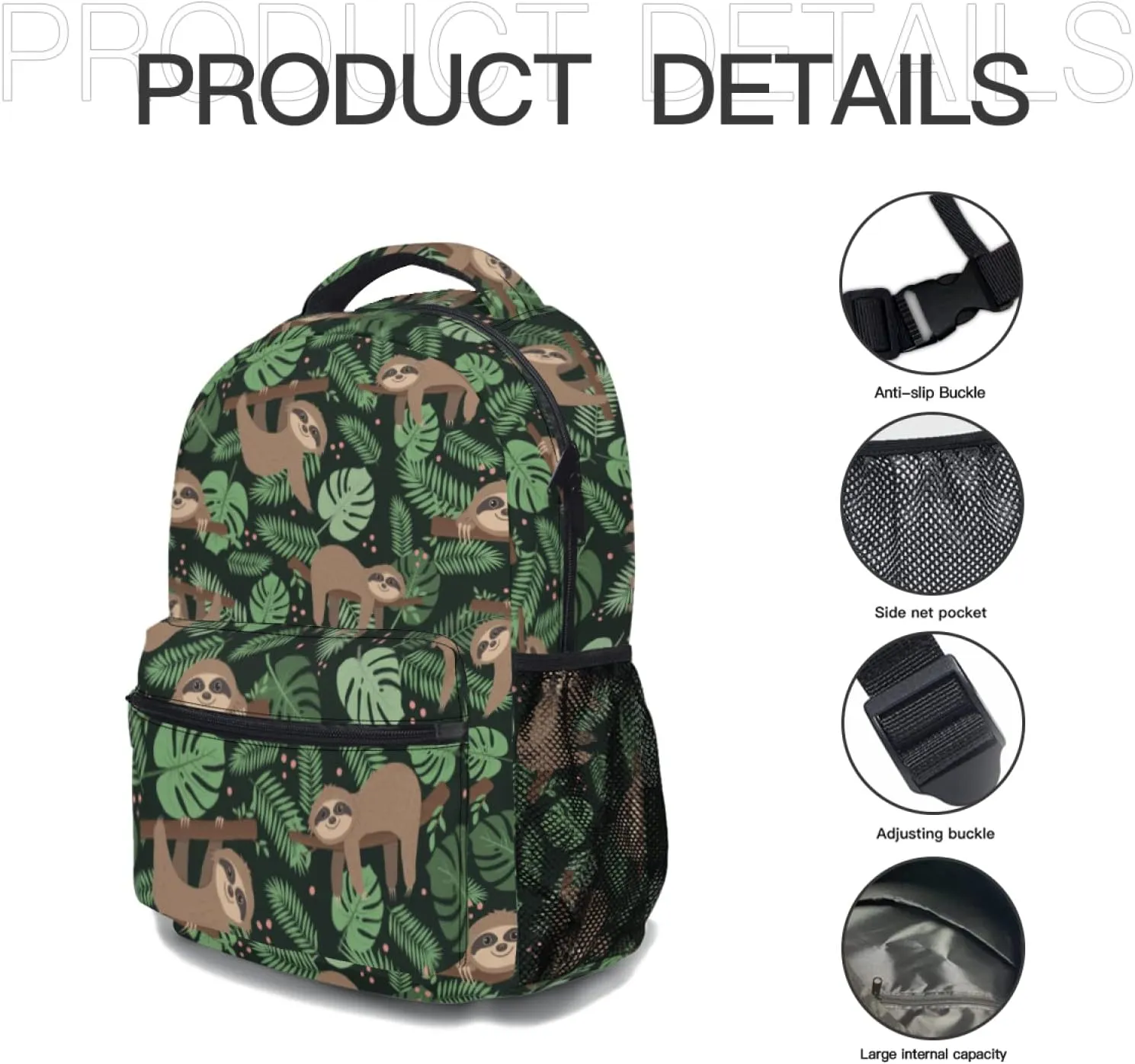 Funny Sloth Backpack Palm Leaves School Shoulder Bag Casual Day Pack Outdoor Durable Bookbag for Girls Boys Teen Work Picnic Travel