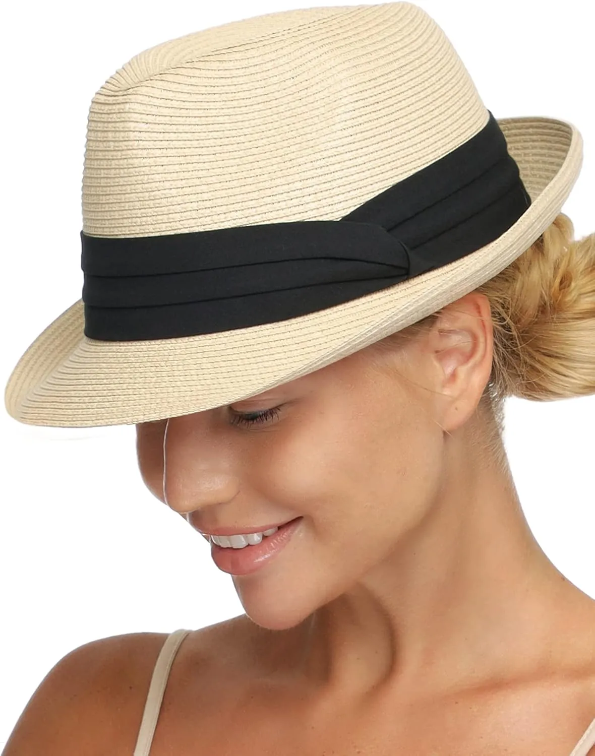 FURTALK Fedora Straw Sun Hat for Men Women Foldable Roll Up Short Brim Trilby Hat Panama Beach Hat UPF 80 