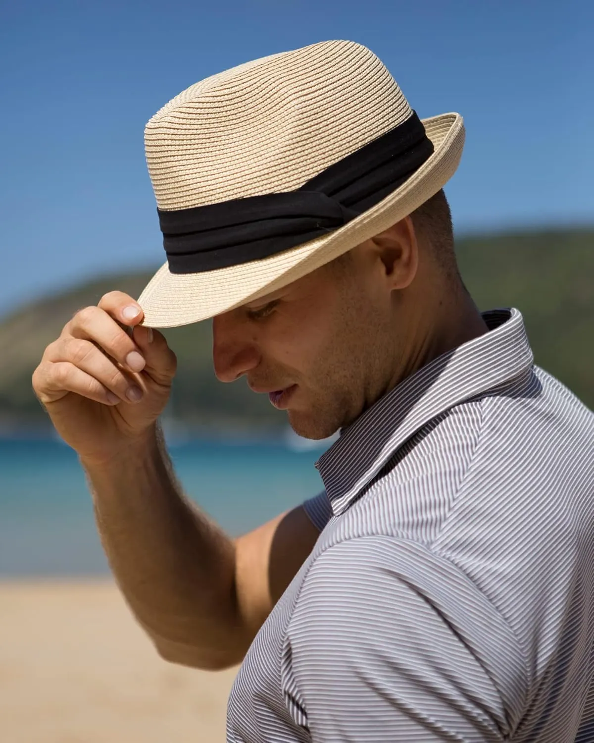 FURTALK Fedora Straw Sun Hat for Men Women Foldable Roll Up Short Brim Trilby Hat Panama Beach Hat UPF 80 
