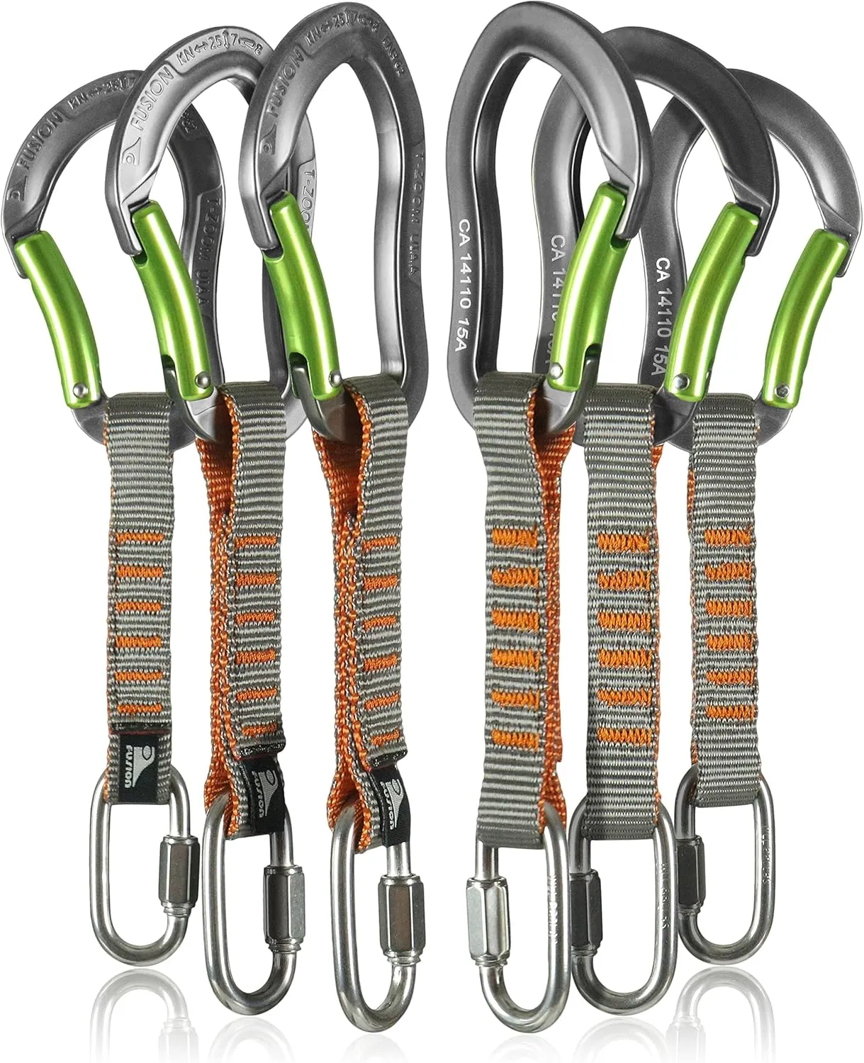 Fusion Climb 6-Pack 11cm Quickdraw Set with 1/4" Stainless Steel Quick Link/Techno Zoom, Silver/Green