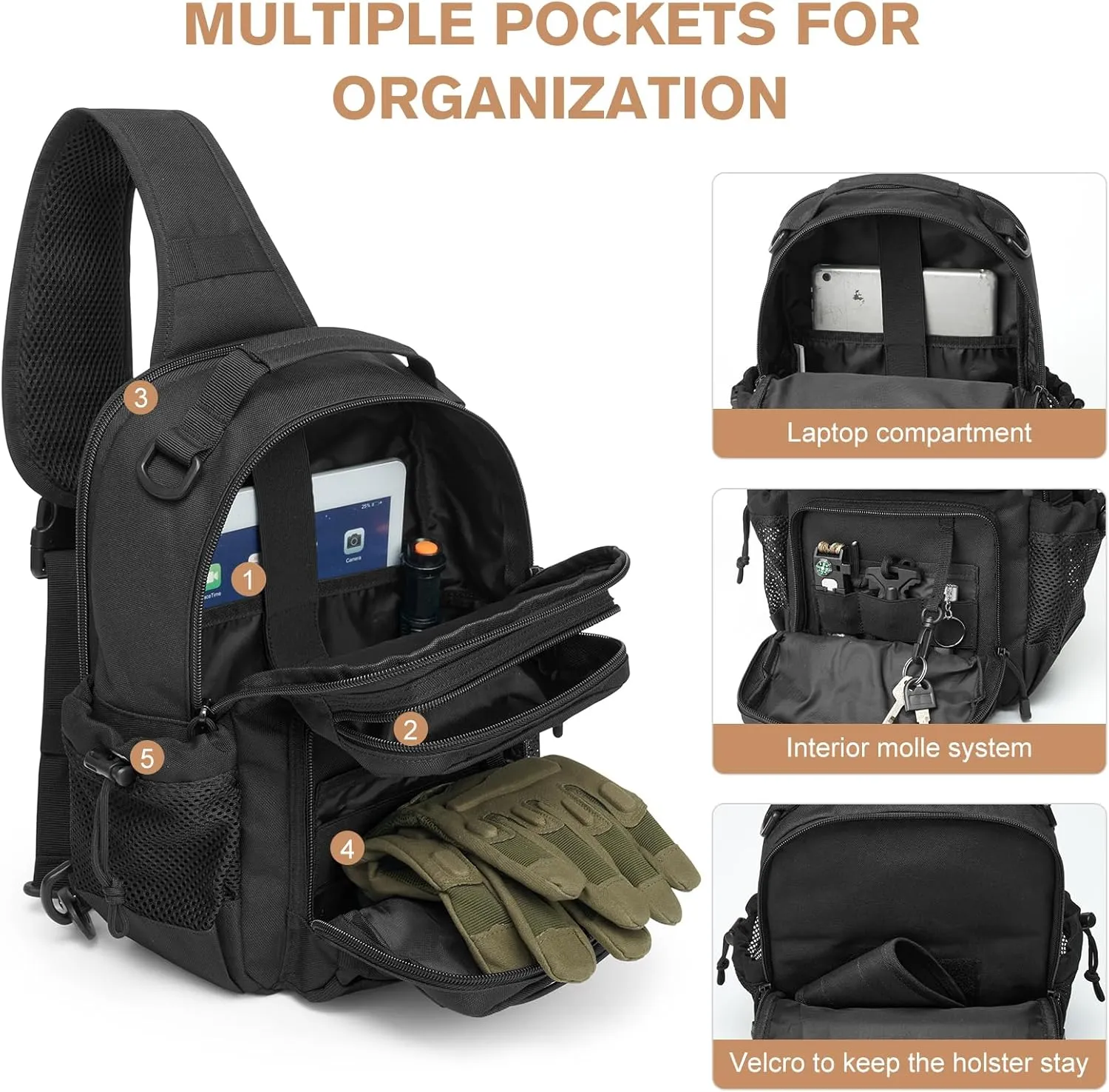 G4Free Tactical Backpack Military Sling Shoulder Bag Molle Pack for Every Day Carry-Black
