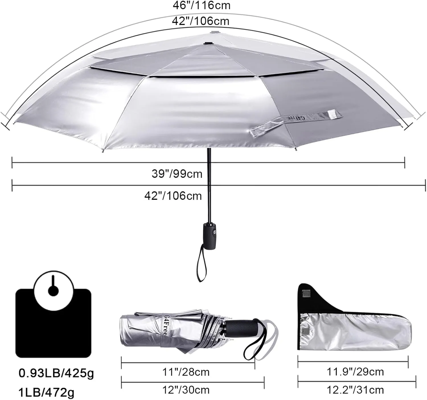 G4Free UPF 50  UV Protection Travel Umbrella 42/46 Inch Windproof Silver Coating Sun Blocking Umbrella