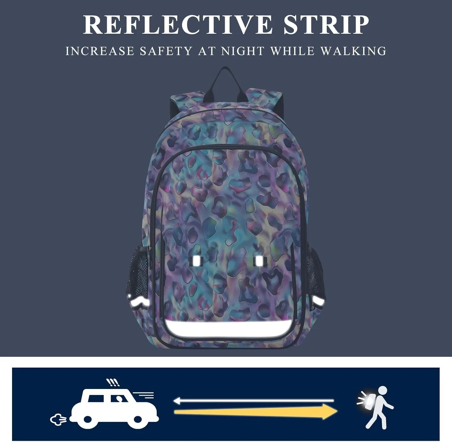 GAIGEO Holo Leopard Print Backpack, Backpack with Reflective Strip, Boys School Backpack with Chest Strap, School Bags for Girls 7-10