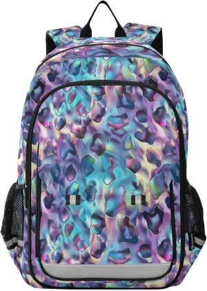 GAIGEO Holo Leopard Print Backpack, Backpack with Reflective Strip, Boys School Backpack with Chest Strap, School Bags for Girls 7-10