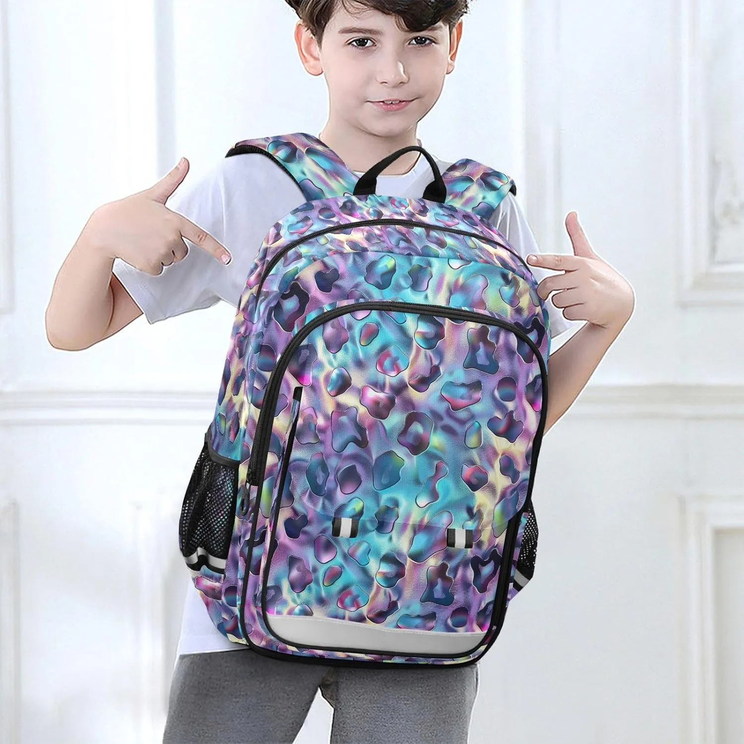 GAIGEO Holo Leopard Print Backpack, Backpack with Reflective Strip, Boys School Backpack with Chest Strap, School Bags for Girls 7-10