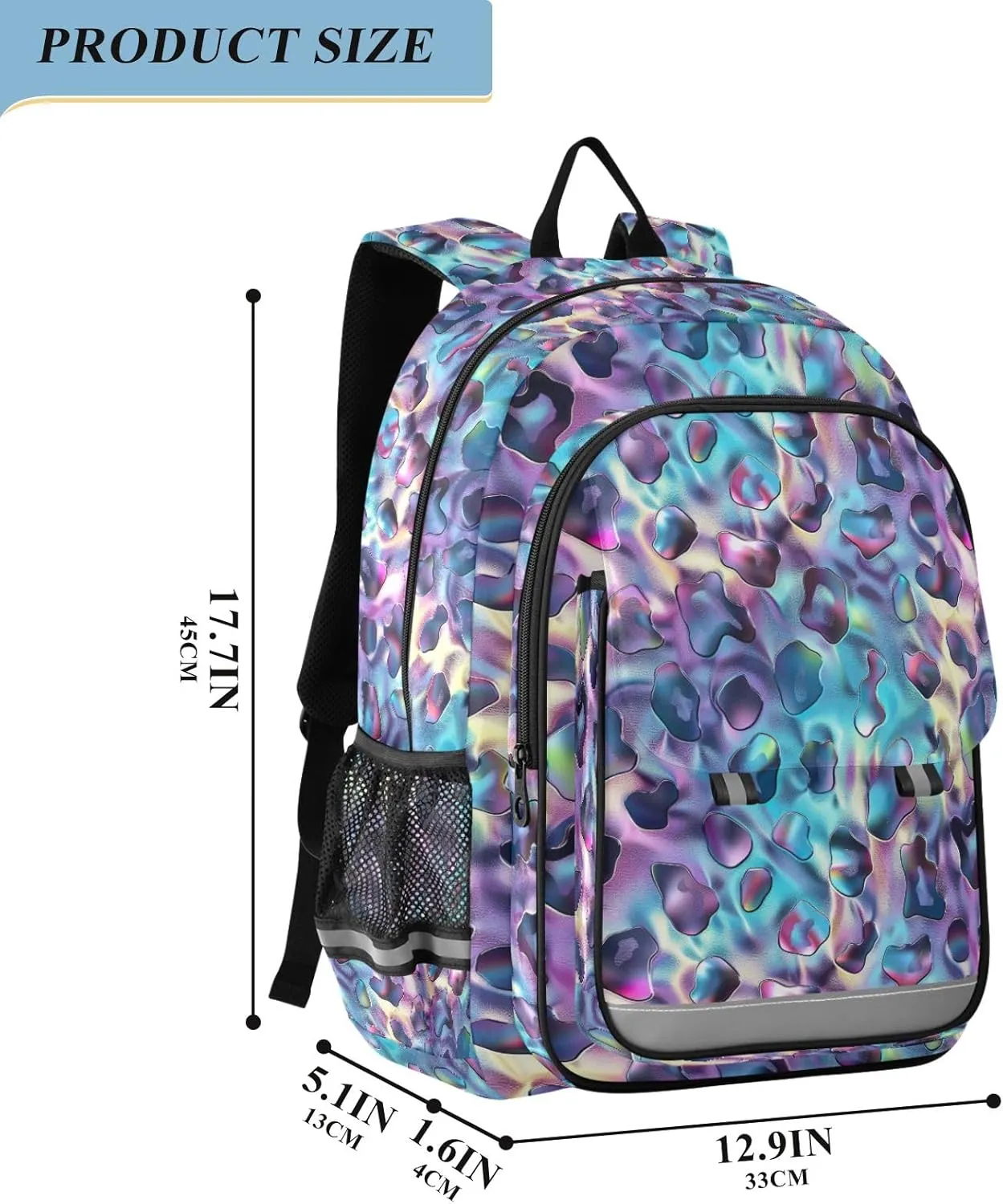 GAIGEO Holo Leopard Print Backpack, Backpack with Reflective Strip, Boys School Backpack with Chest Strap, School Bags for Girls 7-10