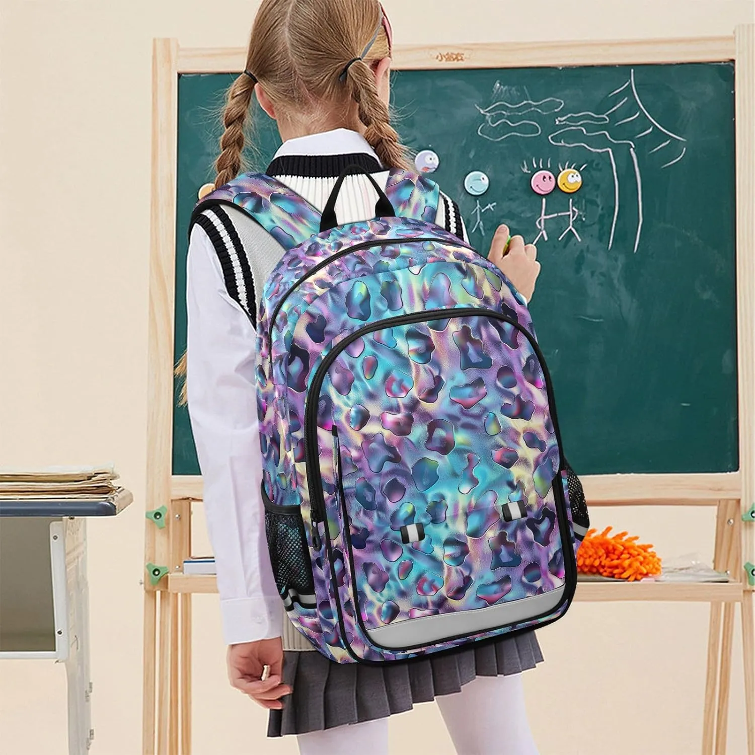 GAIGEO Holo Leopard Print Backpack, Backpack with Reflective Strip, Boys School Backpack with Chest Strap, School Bags for Girls 7-10
