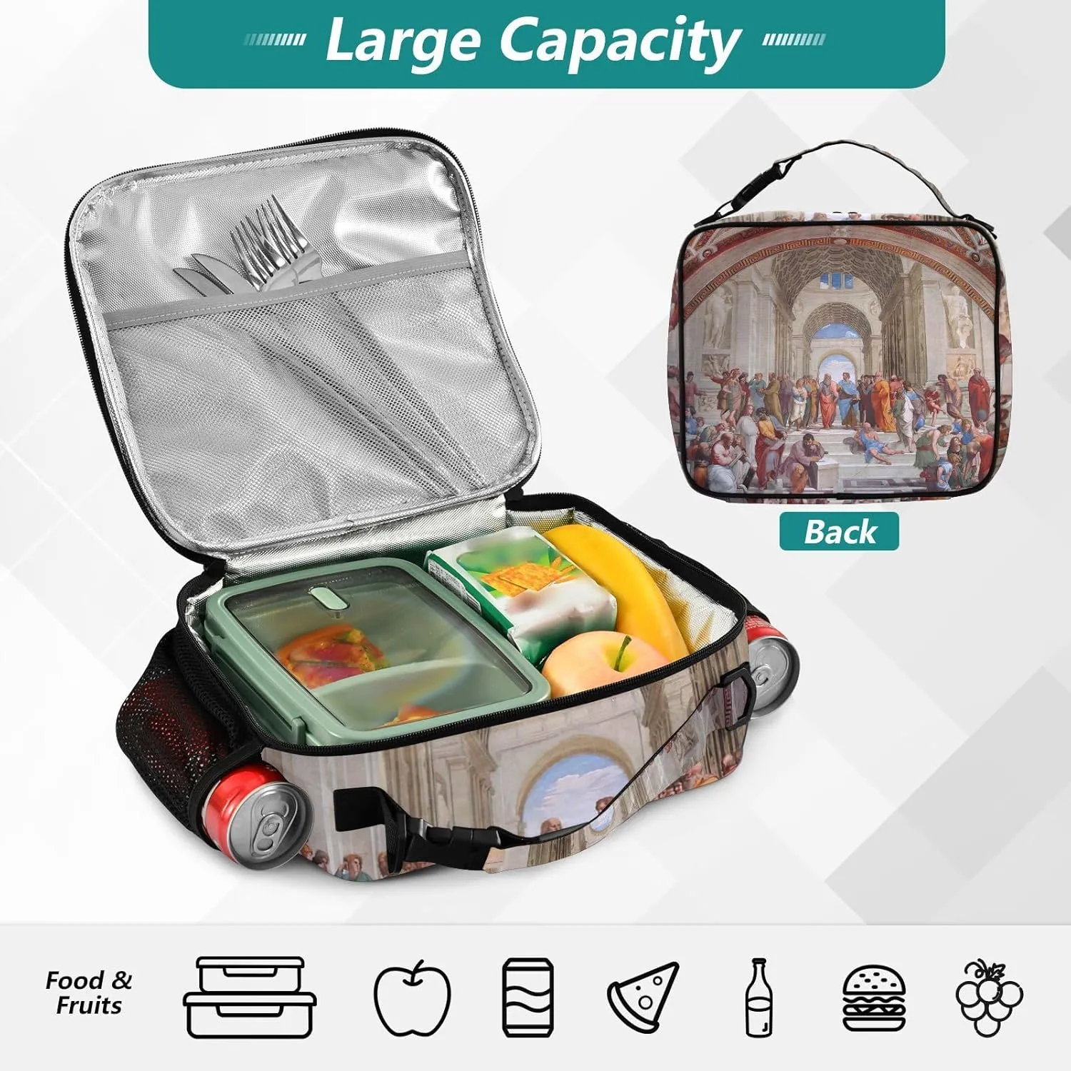 GAIGEO Raphael Prints School of Athens Lunch Box Girls Women Lunch Bag Kids Mens Lunchbox for Work Reusable Cooler Bag Insulated with Adjustable Shoulder Strap