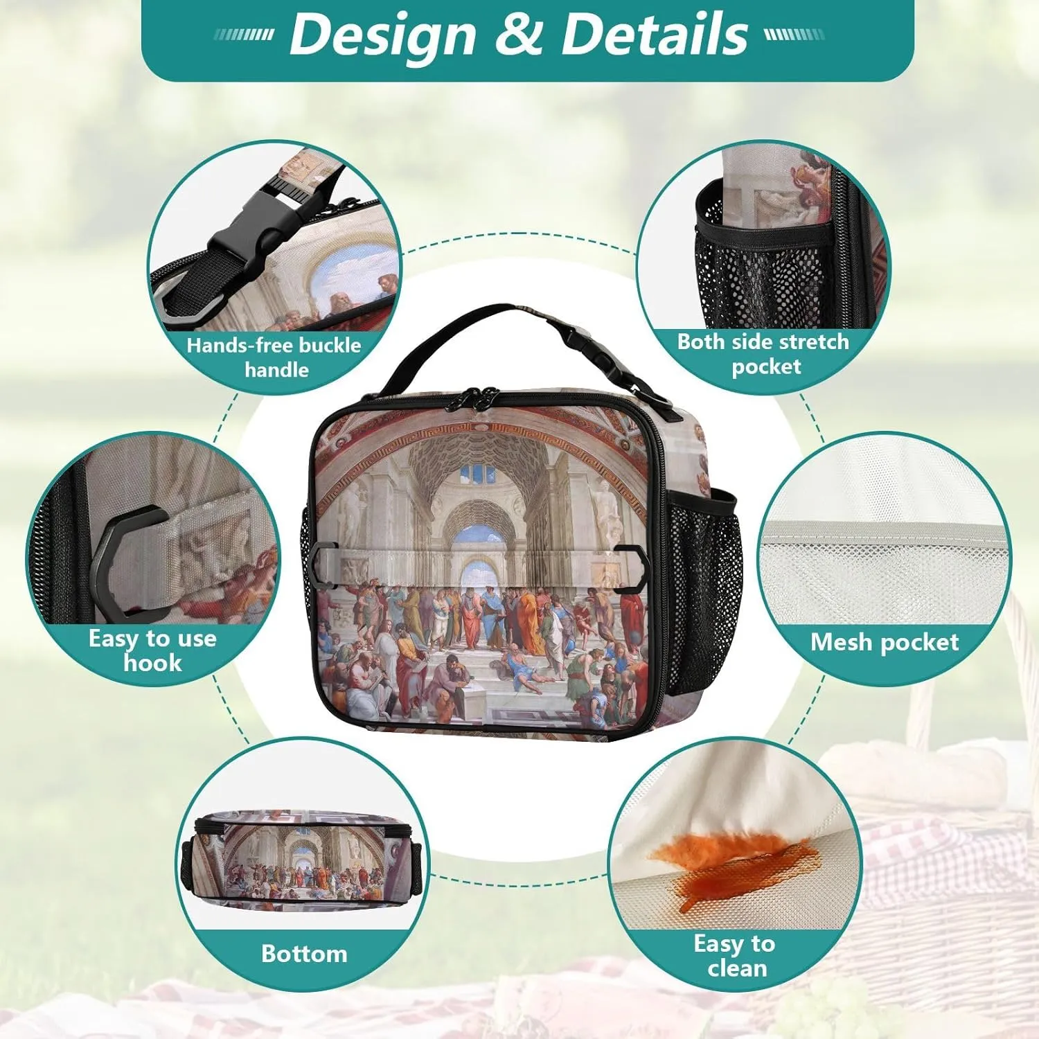 GAIGEO Raphael Prints School of Athens Lunch Box Girls Women Lunch Bag Kids Mens Lunchbox for Work Reusable Cooler Bag Insulated with Adjustable Shoulder Strap