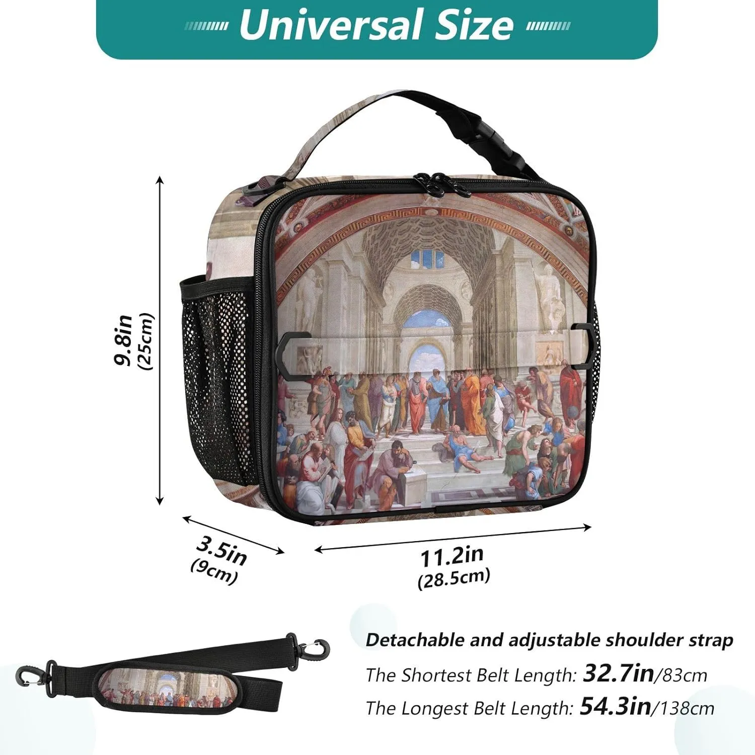 GAIGEO Raphael Prints School of Athens Lunch Box Girls Women Lunch Bag Kids Mens Lunchbox for Work Reusable Cooler Bag Insulated with Adjustable Shoulder Strap