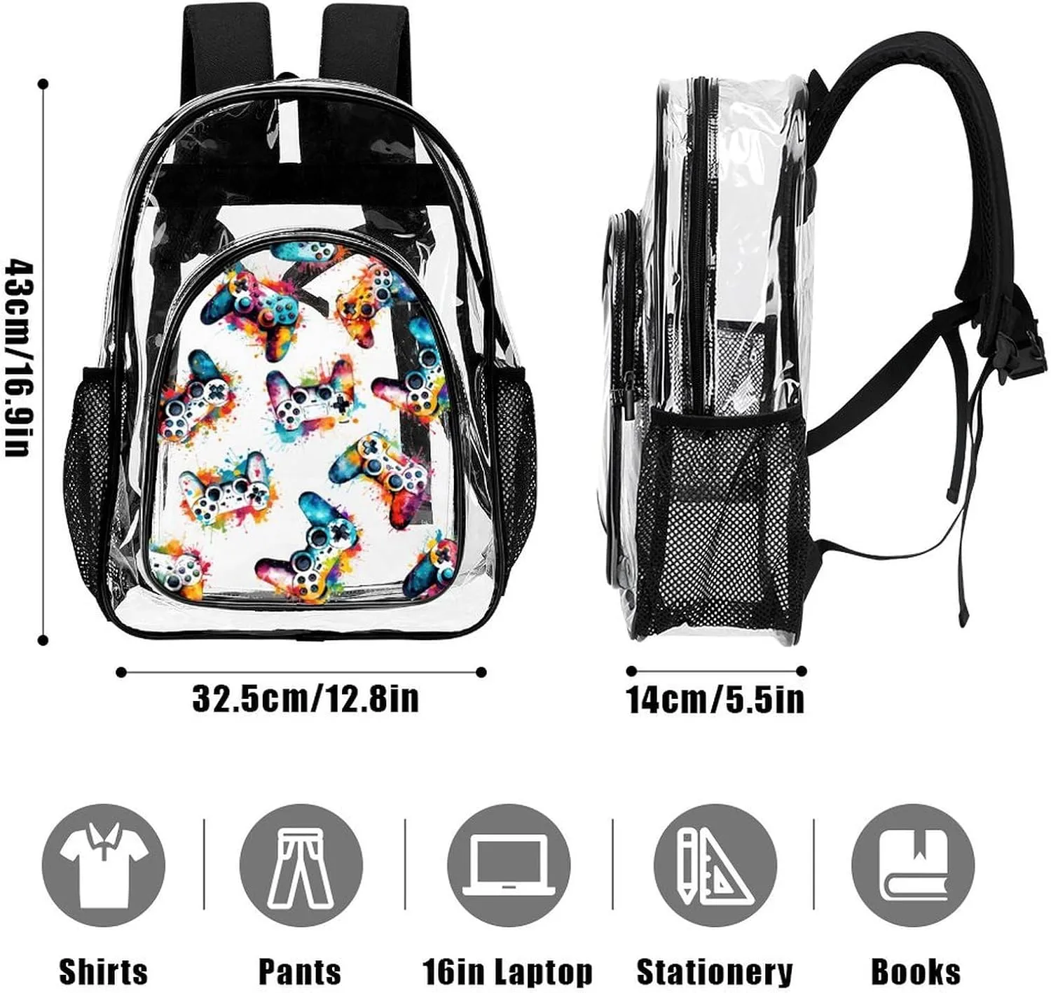 Gaming Clear Backpack Heavy Duty for Girls Kids Boys Women Men - Large Cute PVC Gamepads Theme Printing Transparent Backpacks for Schools Stadium Concerts Work - Clear/Black