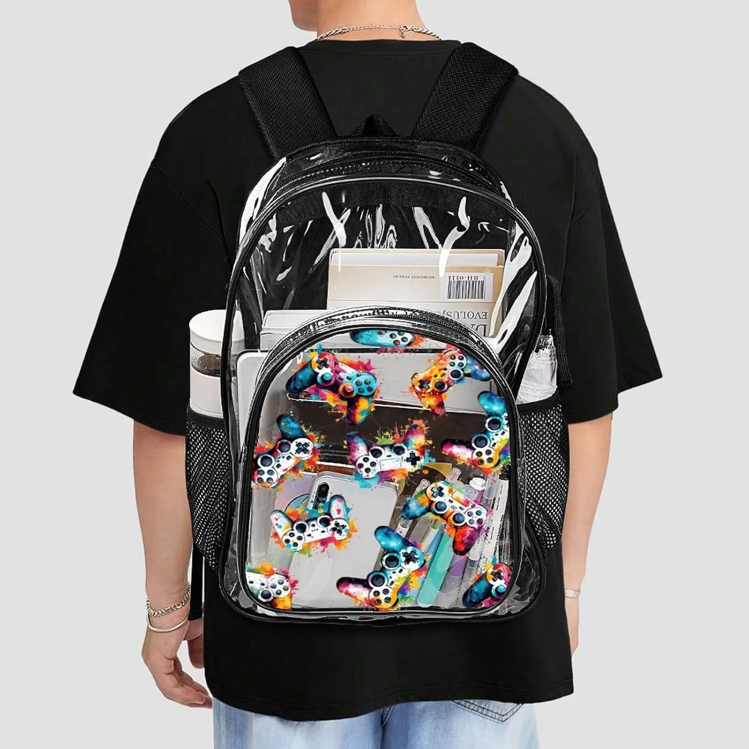 Gaming Clear Backpack Heavy Duty for Girls Kids Boys Women Men - Large Cute PVC Gamepads Theme Printing Transparent Backpacks for Schools Stadium Concerts Work - Clear/Black