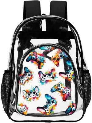 Gaming Clear Backpack Heavy Duty for Girls Kids Boys Women Men - Large Cute PVC Gamepads Theme Printing Transparent Backpacks for Schools Stadium Concerts Work - Clear/Black