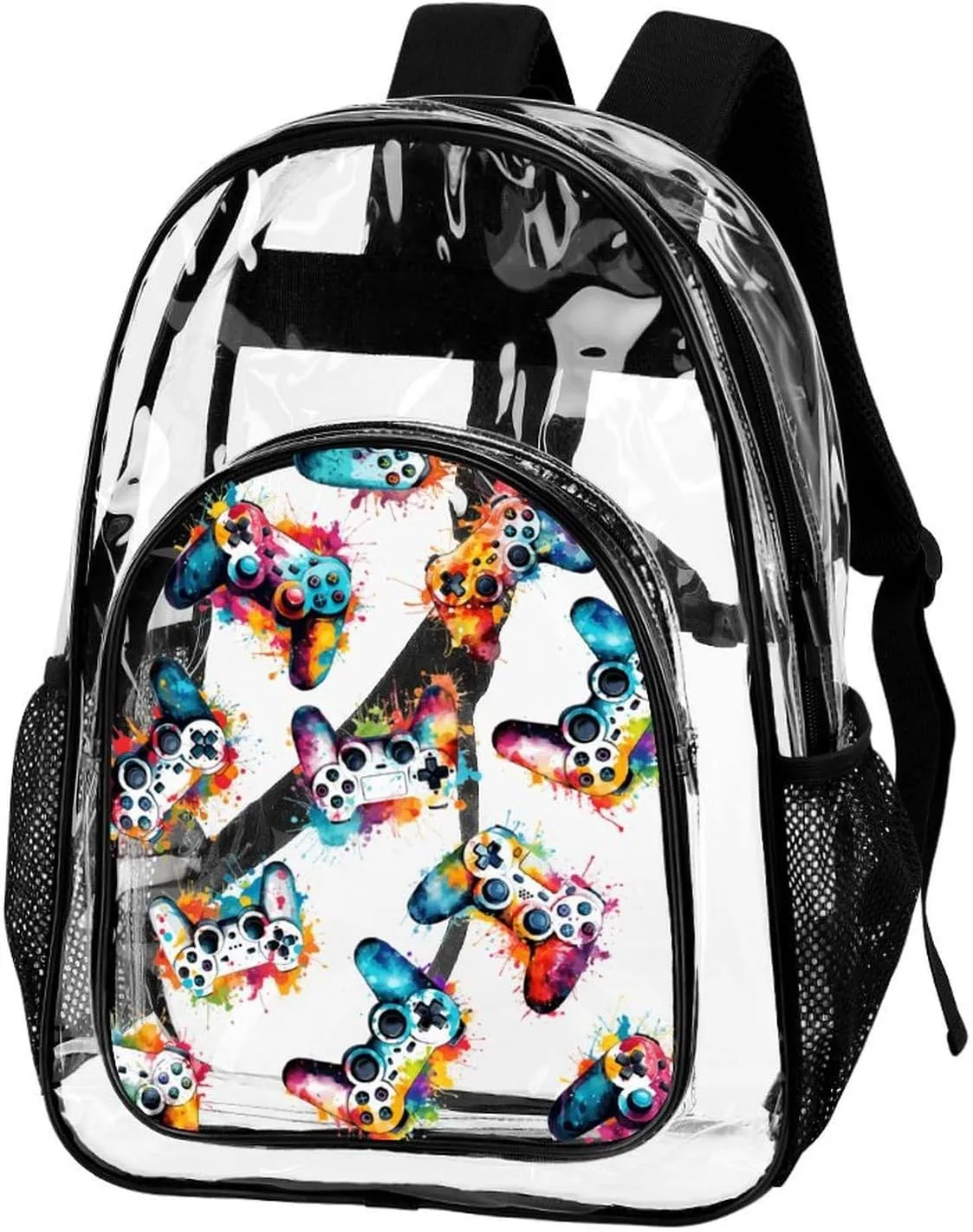 Gaming Clear Backpack Heavy Duty for Girls Kids Boys Women Men - Large Cute PVC Gamepads Theme Printing Transparent Backpacks for Schools Stadium Concerts Work - Clear/Black
