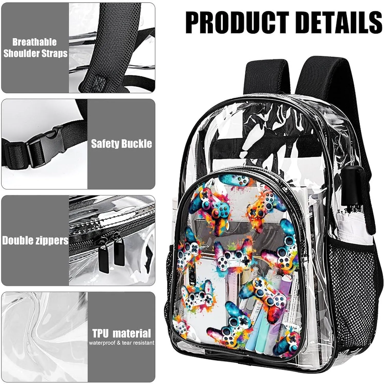 Gaming Clear Backpack Heavy Duty for Girls Kids Boys Women Men - Large Cute PVC Gamepads Theme Printing Transparent Backpacks for Schools Stadium Concerts Work - Clear/Black