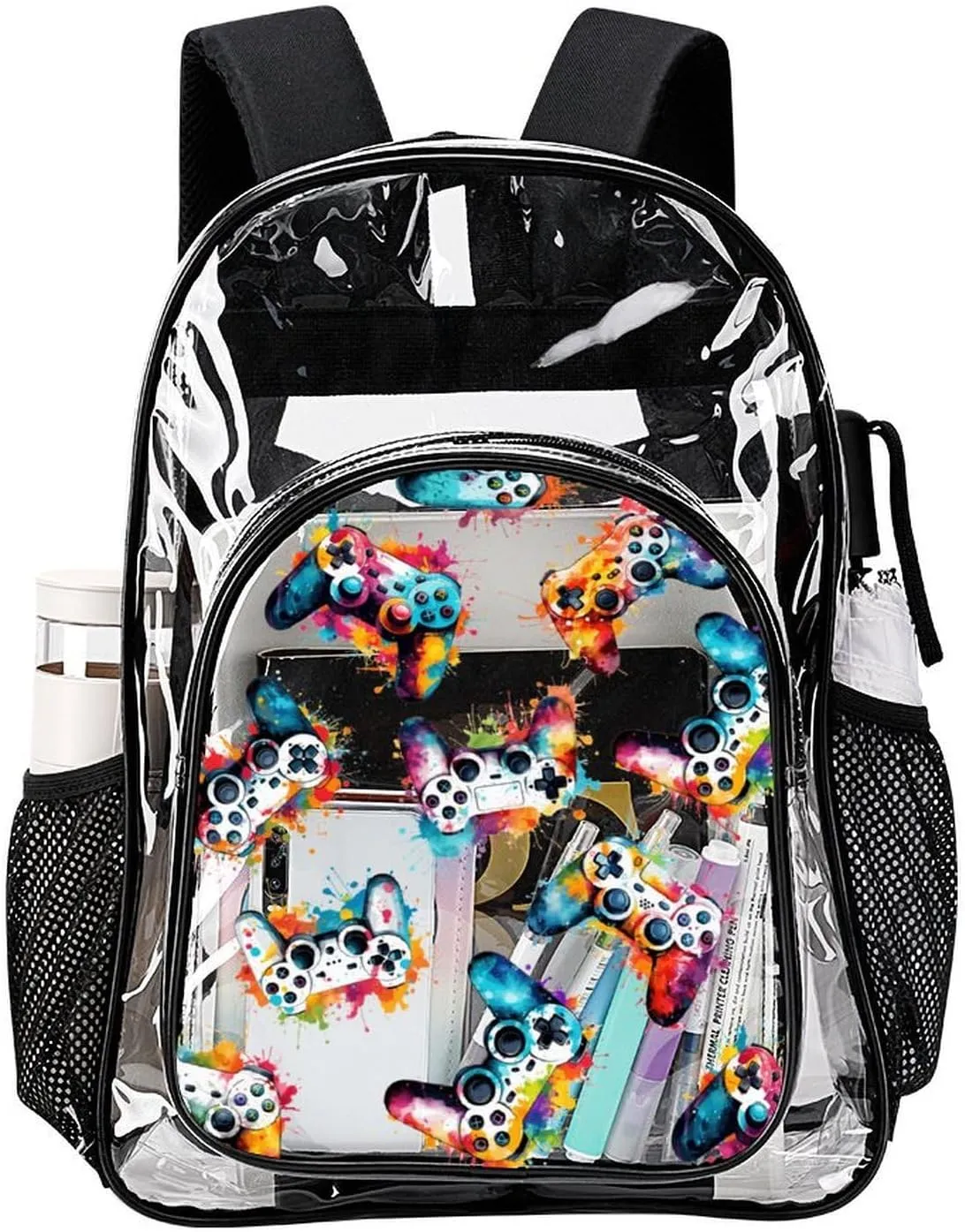 Gaming Clear Backpack Heavy Duty for Girls Kids Boys Women Men - Large Cute PVC Gamepads Theme Printing Transparent Backpacks for Schools Stadium Concerts Work - Clear/Black