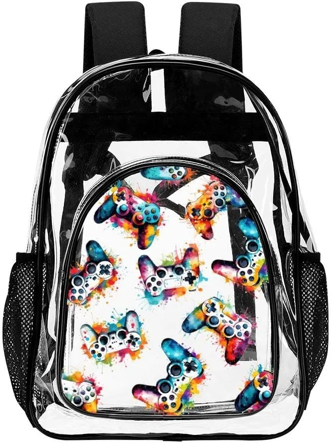 Gaming Clear Backpack Heavy Duty for Girls Kids Boys Women Men - Large Cute PVC Gamepads Theme Printing Transparent Backpacks for Schools Stadium Concerts Work - Clear/Black