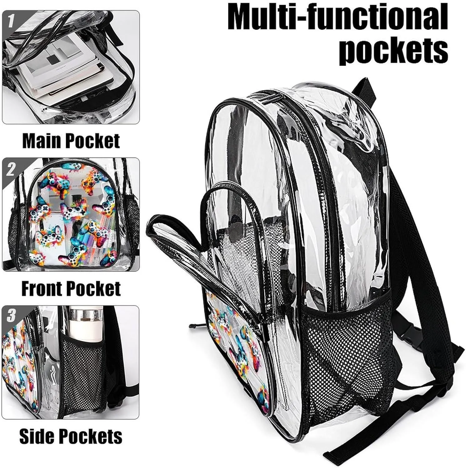 Gaming Clear Backpack Heavy Duty for Girls Kids Boys Women Men - Large Cute PVC Gamepads Theme Printing Transparent Backpacks for Schools Stadium Concerts Work - Clear/Black