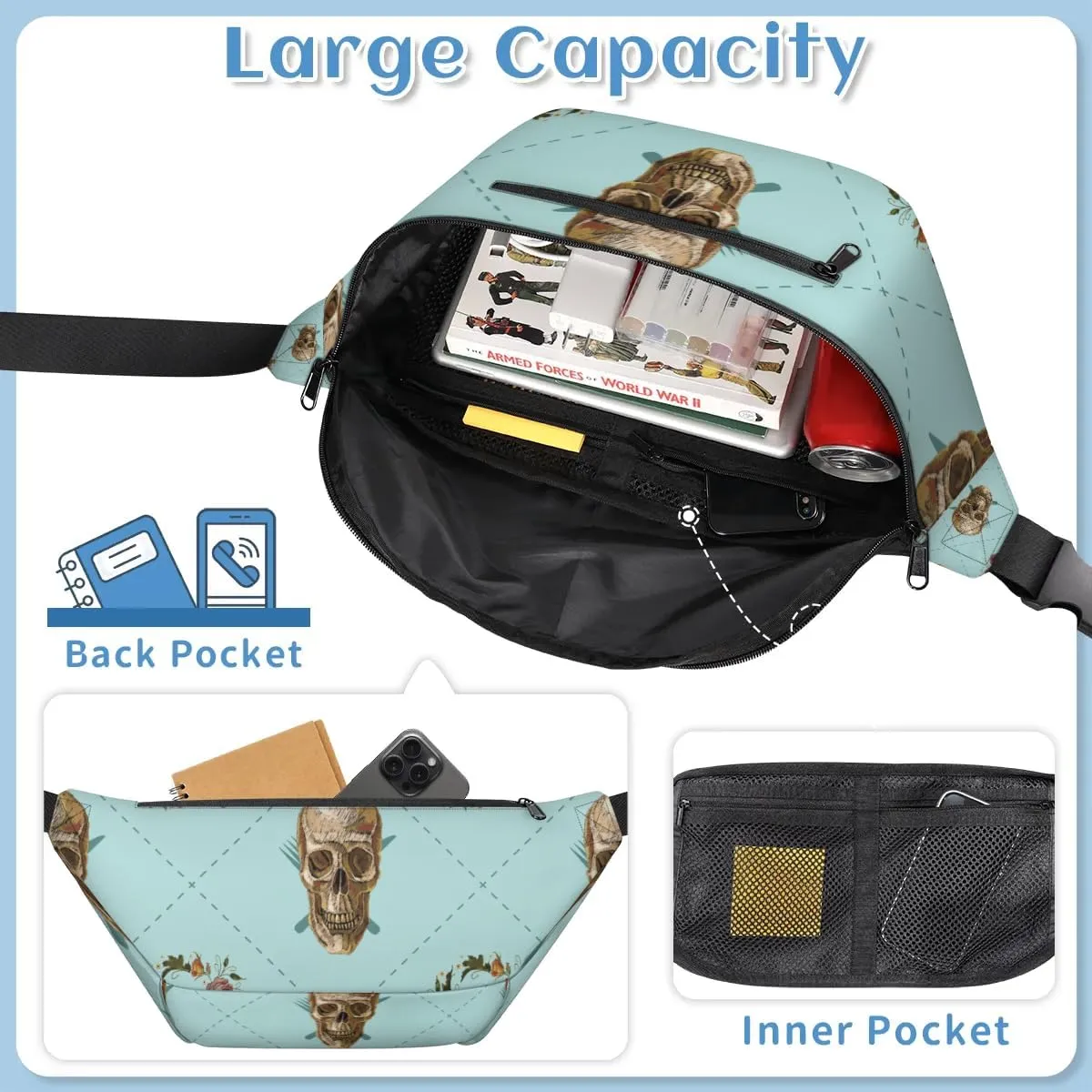 Garland Skull Sling Bag Crossbody Backpack Chest Daypack for Women Sport Travel Hiking Casual Bag Multipurpose Waist Pack With Zipper Closure Adjustable Strap Shoulder Bag