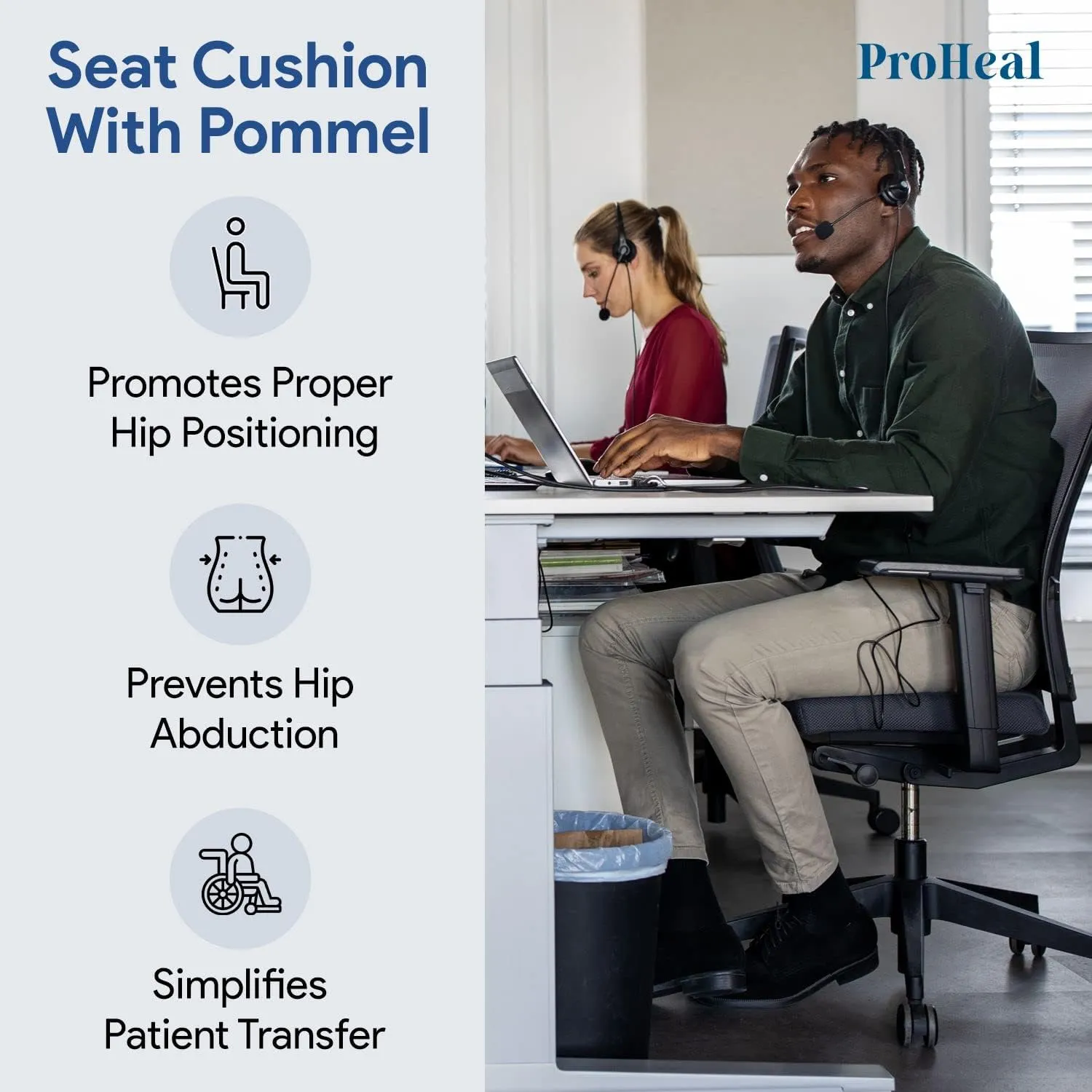 Gel Wedge Seat Cushion with Pommel 16" x 16" x 3" - 1.5" - Better Posture and Hip Positioning - High Density Foam and Pressure Redistribution Gel and Back, Tailbone, and Coccyx Support