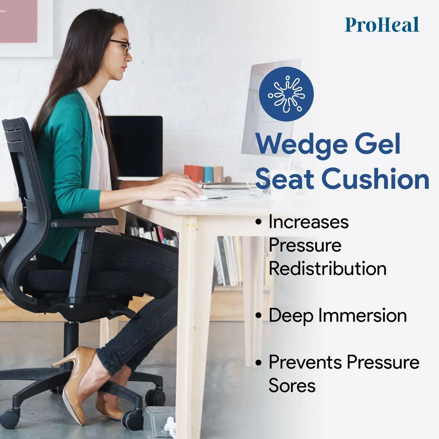 Gel Wedge Seat Cushion with Pommel 16" x 16" x 3" - 1.5" - Better Posture and Hip Positioning - High Density Foam and Pressure Redistribution Gel and Back, Tailbone, and Coccyx Support