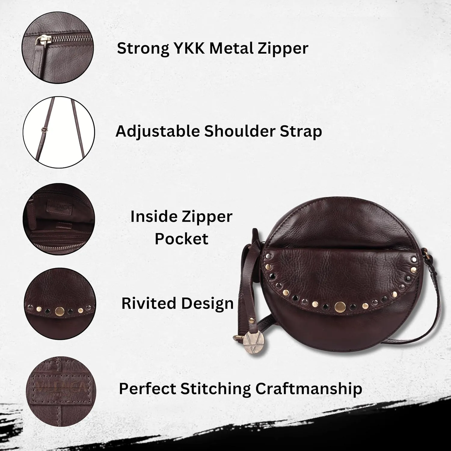 Genuine Italian Leather Boho Studded Round Crossbody Sling Bag - Stylish, Durable, & Perfect for Everyday Use for women