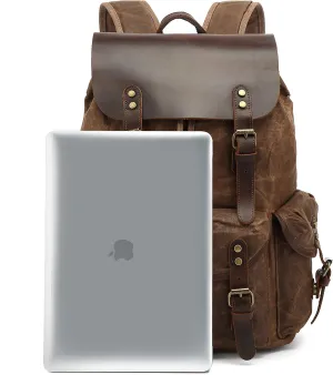 Genuine Leather Canvas waxed Backpack Travel Rucksack Laptop Bag