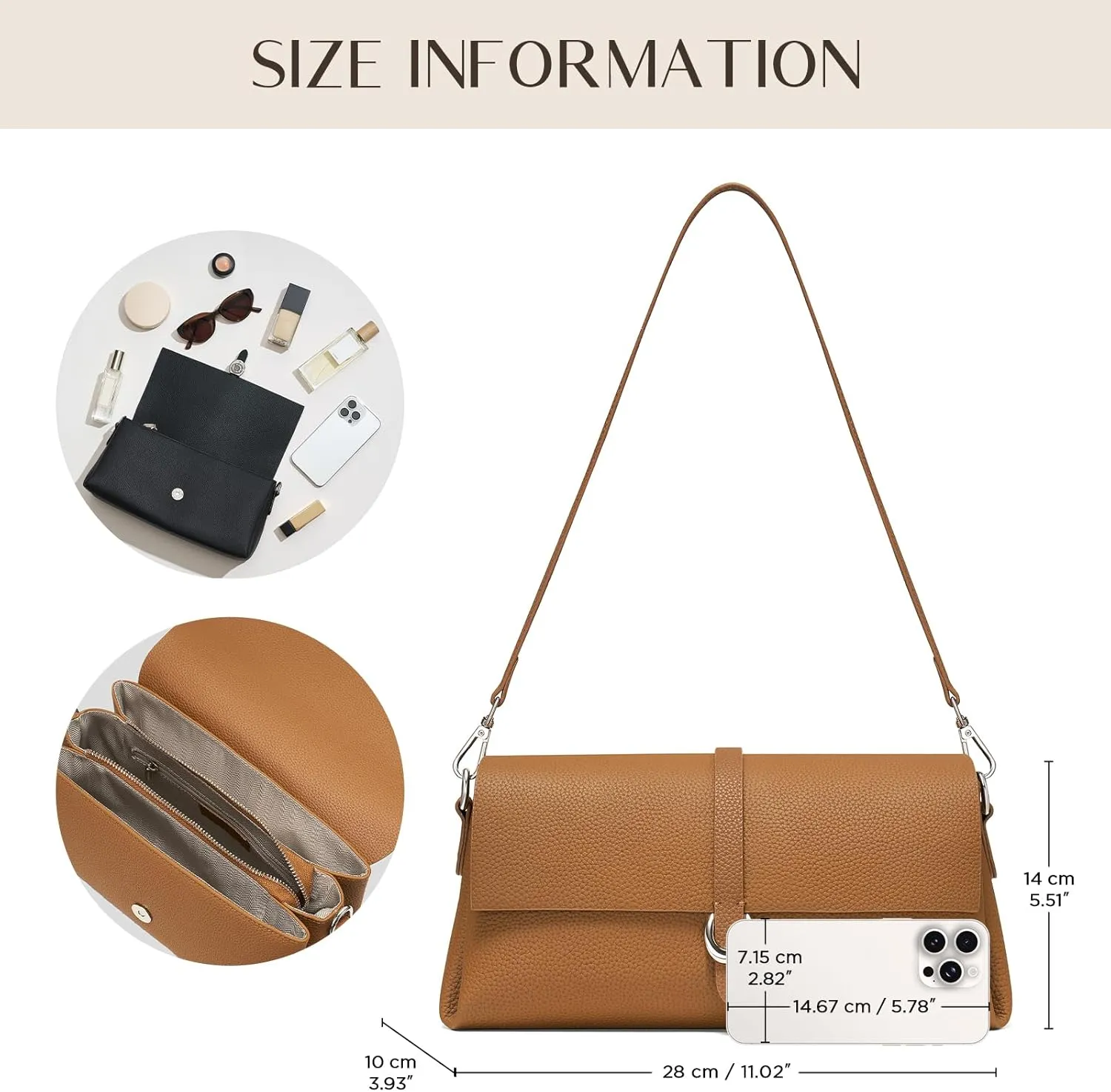 Genuine Leather Clutch Purses for Women Shoulder Bag Trendy Top-Handle Handbags with 2 Adjustable Straps