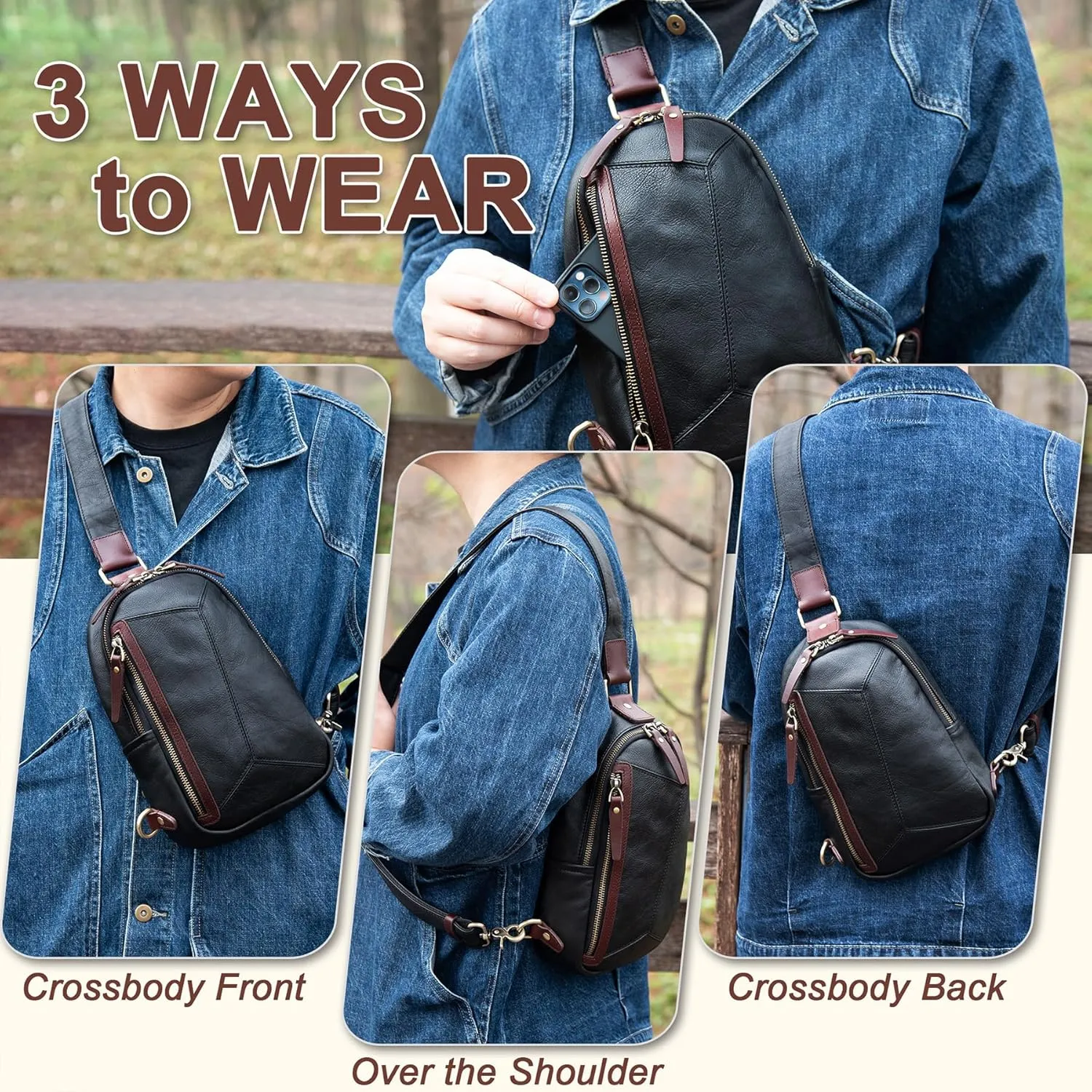 Genuine Leather Sling Bag for Men and Women Crossbody Shoulder Bag Sling Backpack Chest Purse Carry on Daypack