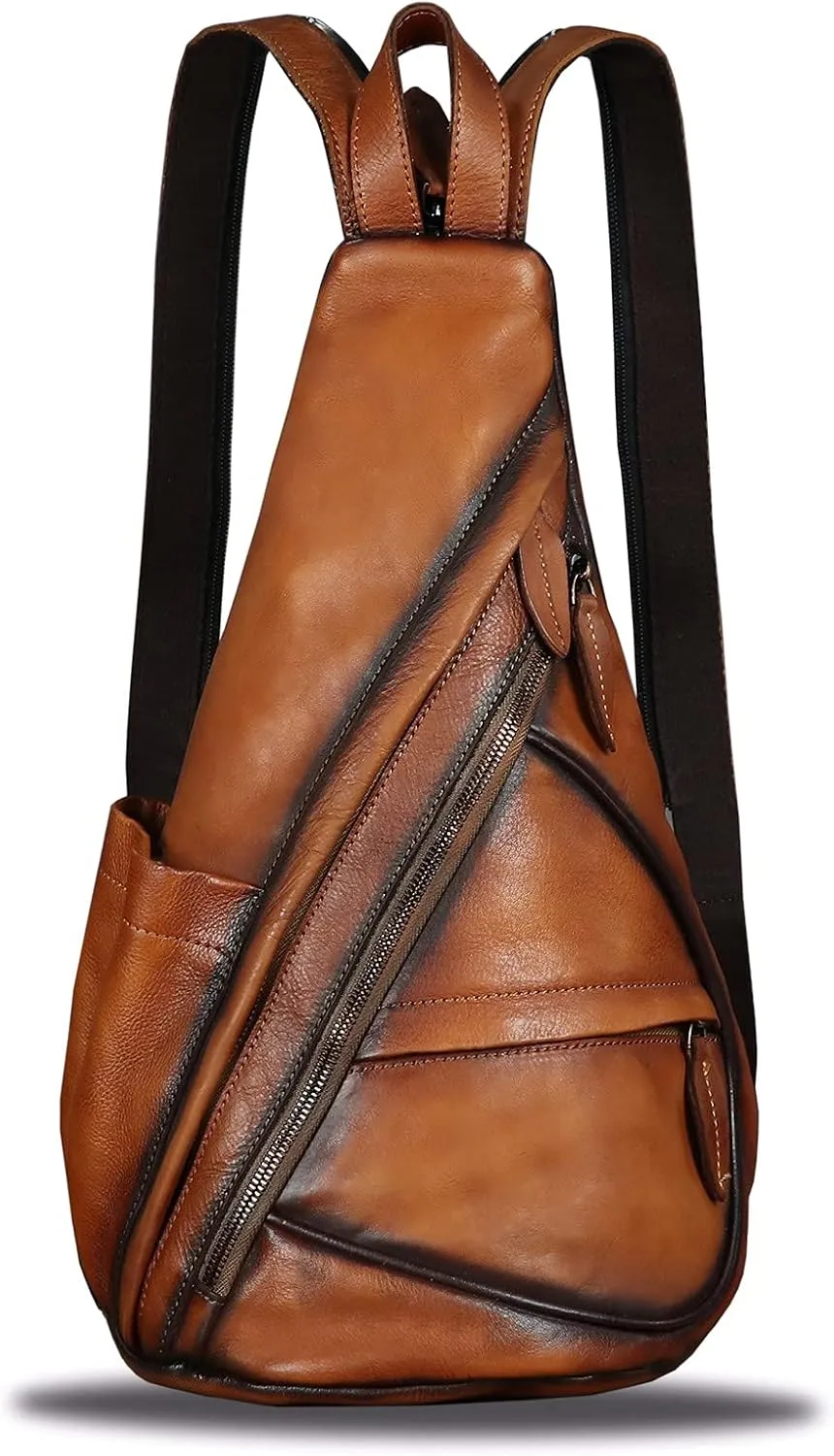 Genuine Leather Sling Bag for Men and Women - Vintage Sling Backpack Shoulder Crossbody Chest Bag for Ipad