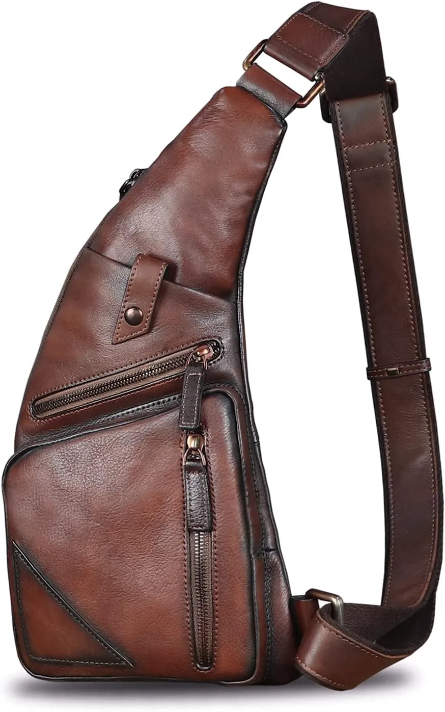 Genuine Leather Sling Bag for Men Vintage Handmade Crossbody Daypack Hiking Backpack Retro Crossbody Shoulder Bag (Brown)