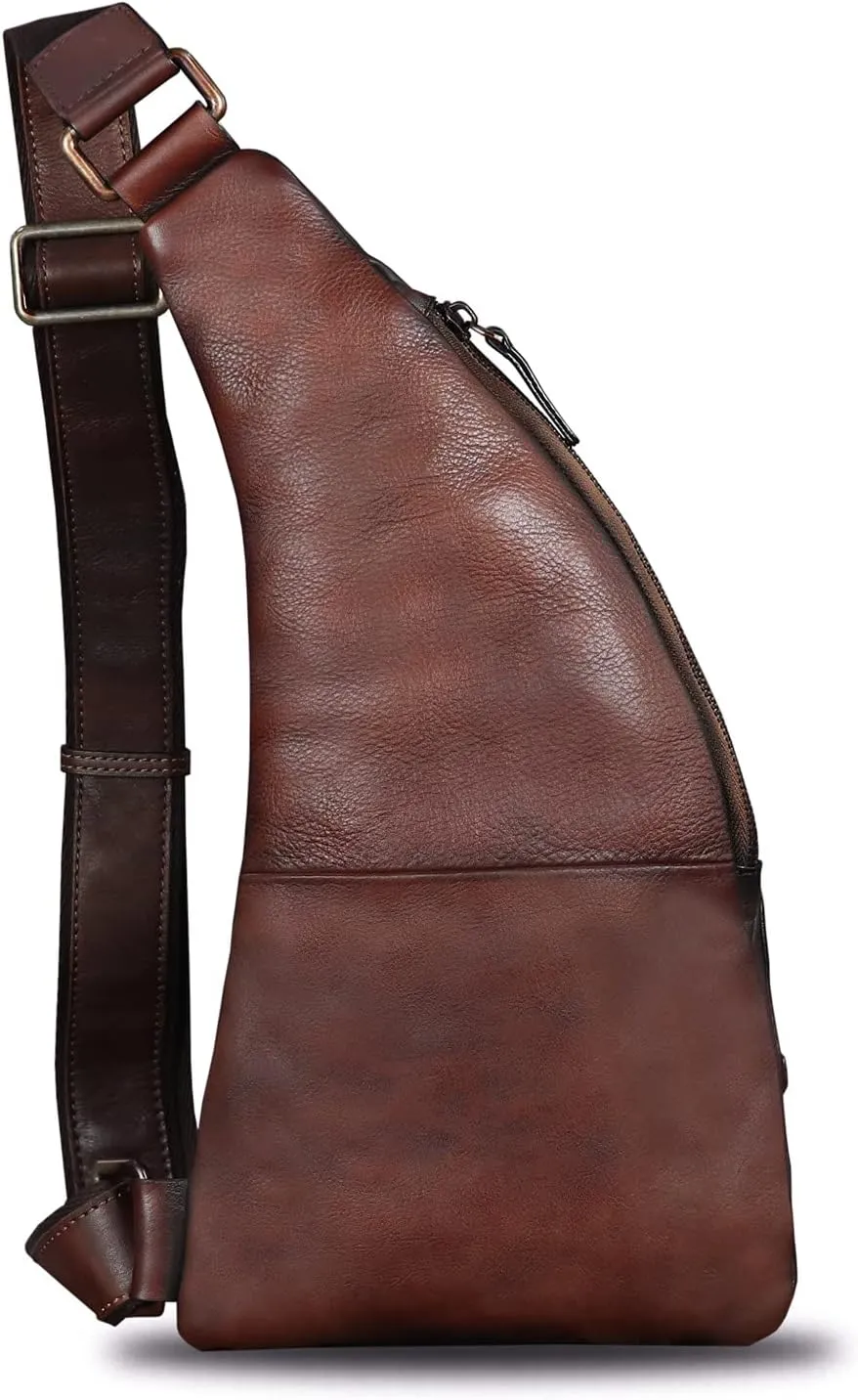Genuine Leather Sling Bag for Men Vintage Handmade Crossbody Daypack Hiking Backpack Retro Crossbody Shoulder Bag (Brown)