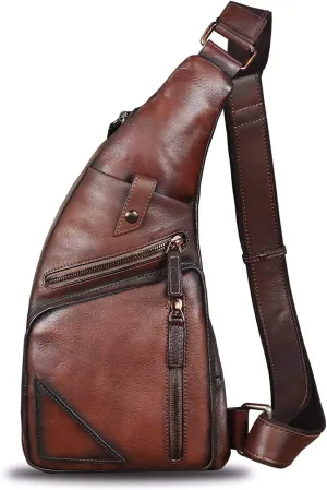 Genuine Leather Sling Bag for Men Vintage Handmade Crossbody Daypack Hiking Backpack Retro Crossbody Shoulder Bag (Brown)