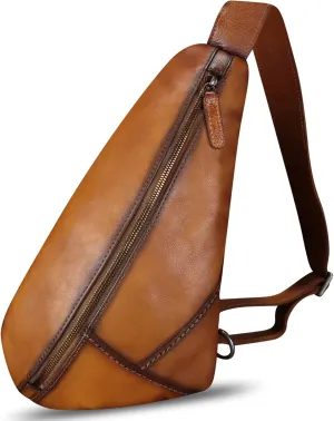 Genuine Leather Sling Bag Handmade Retro Crossbody Sling Backpack Purse Hiking Daypack Motorcycle Chest Shoulder Fanny Pack (Brown)