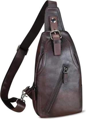 Genuine Leather Sling Bag Multifunction Crossbody Hiking Fanny Daypack Vintage Chest Shoulder Backpack Motorcycle Purse (Coffee)